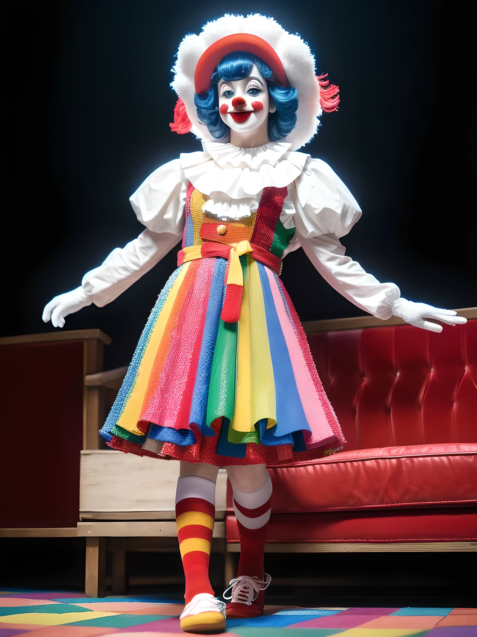 Clean background, (white face clown), wearing colorful knitted texture hat, intricate detail hat, ((full body shot)), (realistic style), (face thickly painted white)), red mouth, nose wearing red sponge ball, movie grade light effect, funny action, happy clown, looking at the audience, white gloves, colored magic wand in hand, clown character costume, Red plush shoes with big head, highest quality, master art, masterpiece, (with high artistic viewing), 4K picture quality,