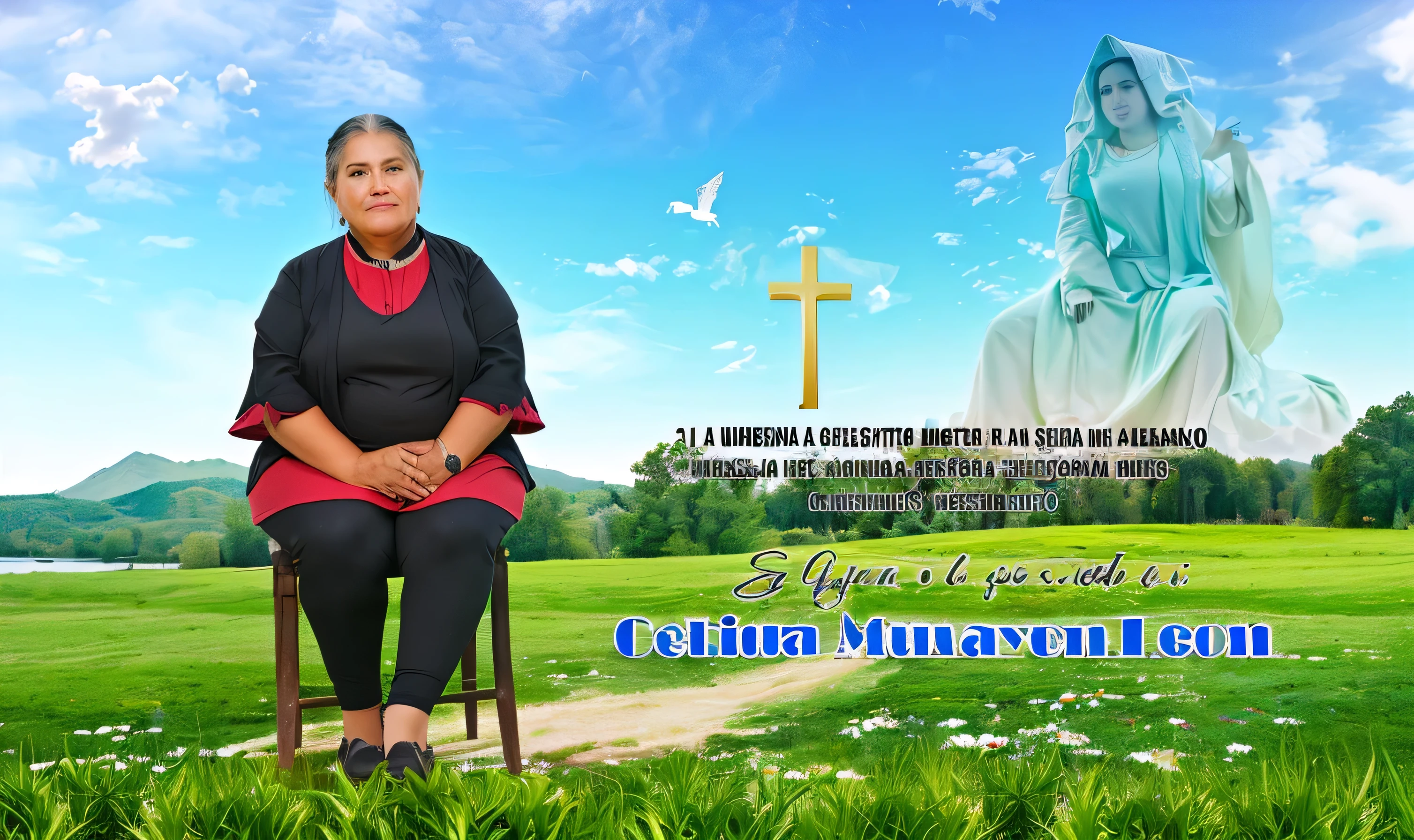 hay una mujer sentada en una silla en un campo, by Glòria Muñoz, muy definido, religion, el fondo es celestial, luisiana, inspired por Mym Tuma, copago, cr3, estefania villegas burgos, por Mym Tuma, inspired by José Malhoa, corona