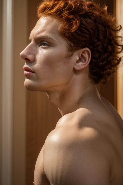 (best quality,4k,8k,highres,masterpiece:1.2),ultra-detailed,(realistic,photorealistic,photo-realistic:1.37),1 male model,albino skin color,red hair, curly red hair, showing armpits,sexy pose,serious face,slim muscular build, model is , thick and strong bíceps, front fase photo