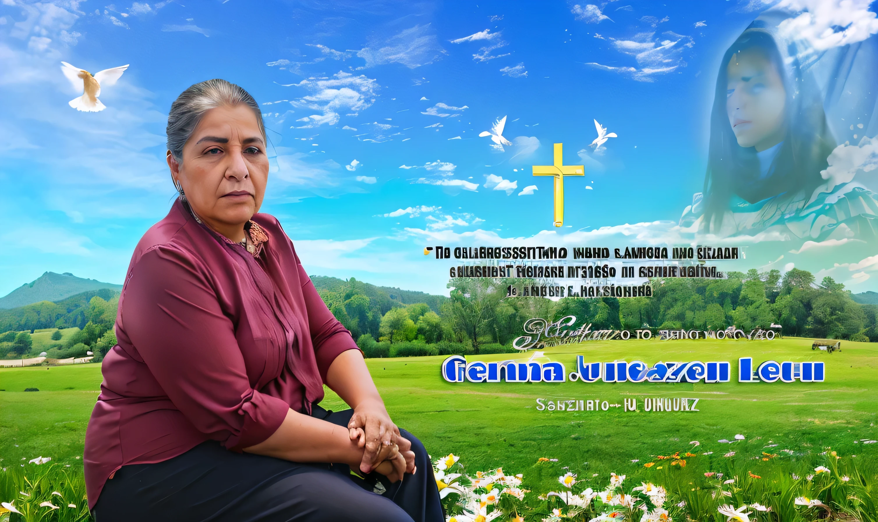 hay un mujer sentado en un banco en un campo, salustiano garcia cruz, foto realista, by Glòria Muñoz, estefania villegas burgos, inspired by Jenaro de Urrutia Olaran, el fondo es celestial, Photography, profesional photo, by Francis Zuniga, luisiana