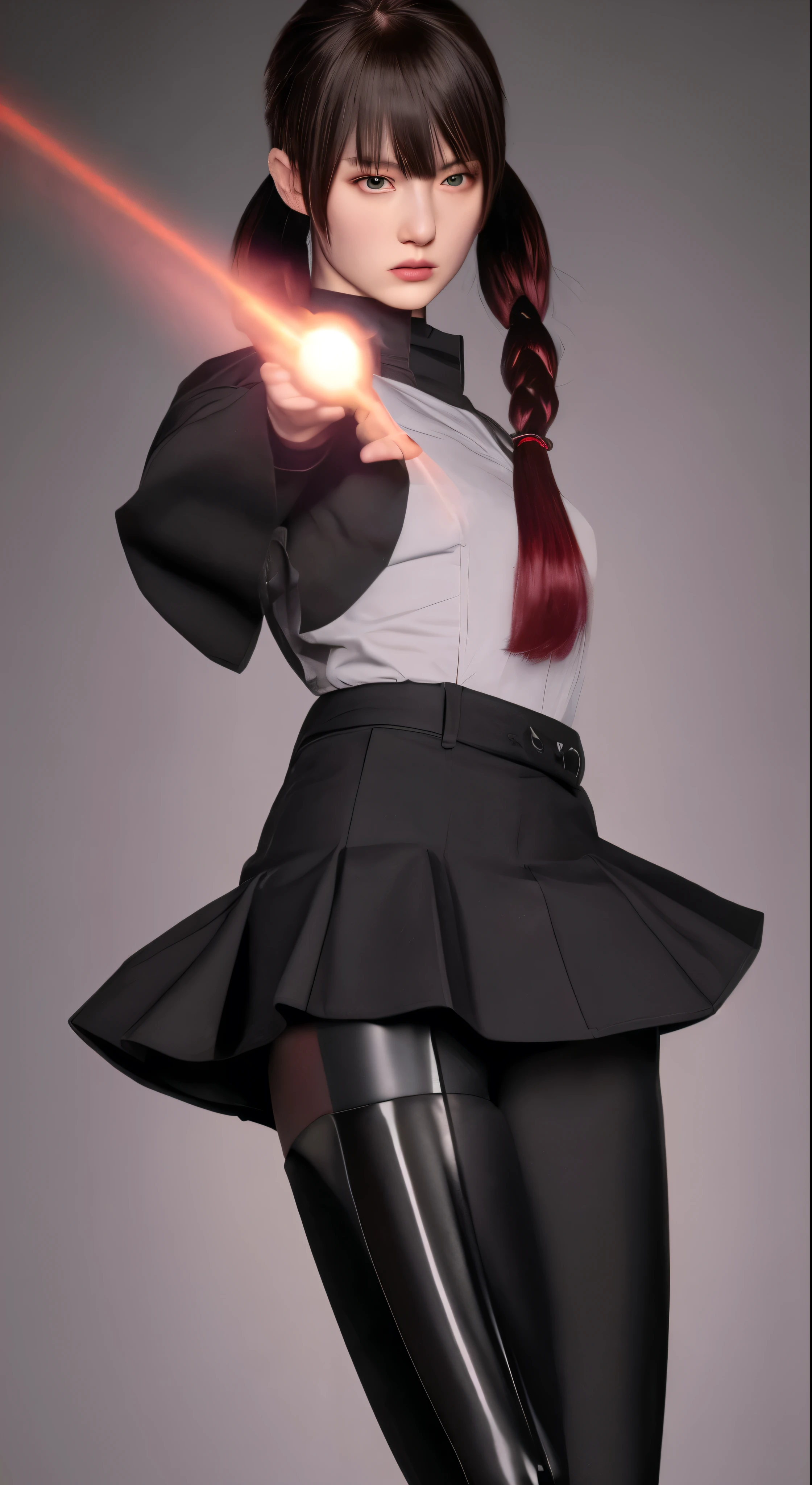 (Ultra extreme detailed),(Masterpiece),(Ultra extreme),(Realistic),CG,(color:1.2), Beautiful lighting,Light from the front,evaluation:Safety,alone, Aaron,Four corners,Brown color_hair,Twin tails,length_hair,Red eyes,hair_ornament,zettai_ryouiki,thigh_boots,short_dress,wide_sleeve,Black trousers,