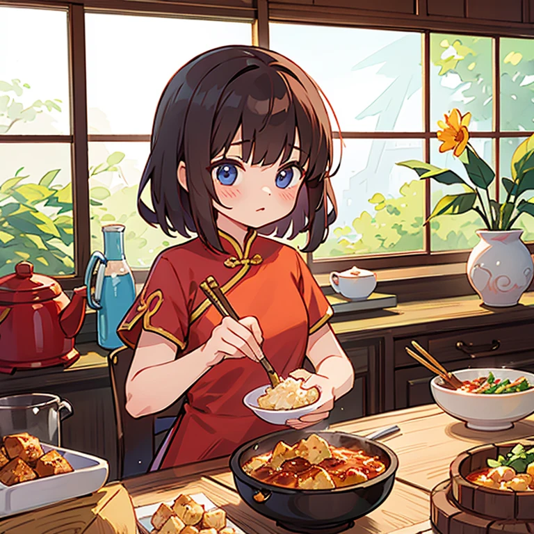 Girls in Chinese dresses making mapo tofu