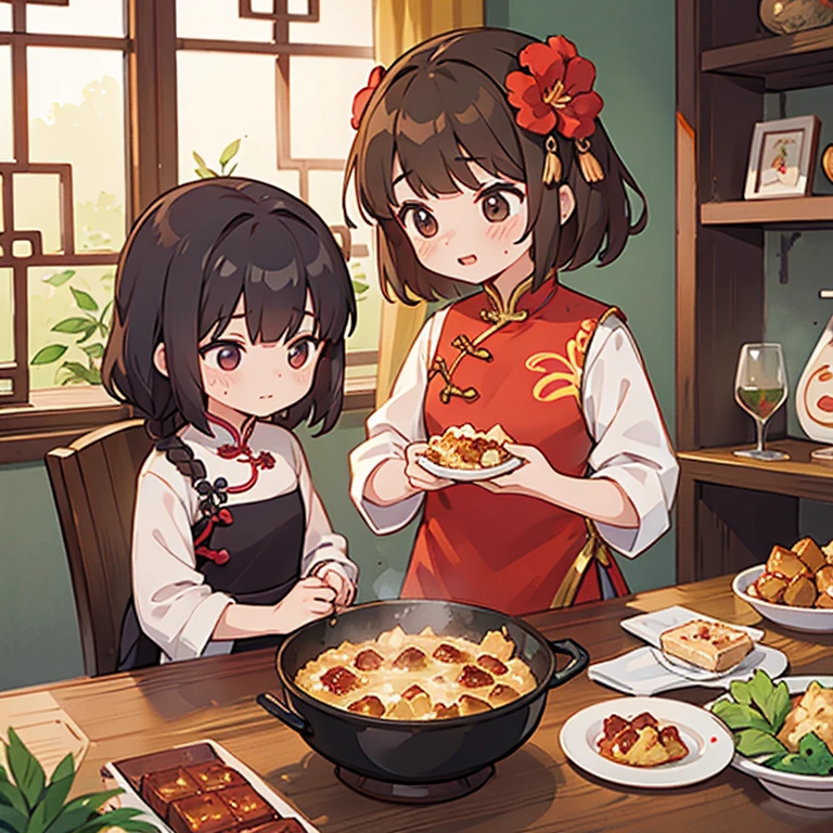 Girls in Chinese dresses making mapo tofu