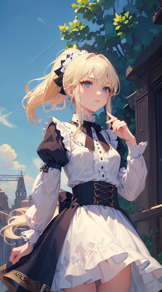 Art by Cornflower,(masterpiece:1.2),(highest quality:1.2),Slender body,A girl with beautiful, detailed eyes,Perfect Face, (blouse),(ponytail),Quality clothing, Detailed outdoor background,Fantasy, Looking at the audience,blue sky,Bright and very beautiful face,young and white shiny skin,,Light blonde hair,Very beautiful and lovely 18 year old,Small breasts, Cinematic lighting