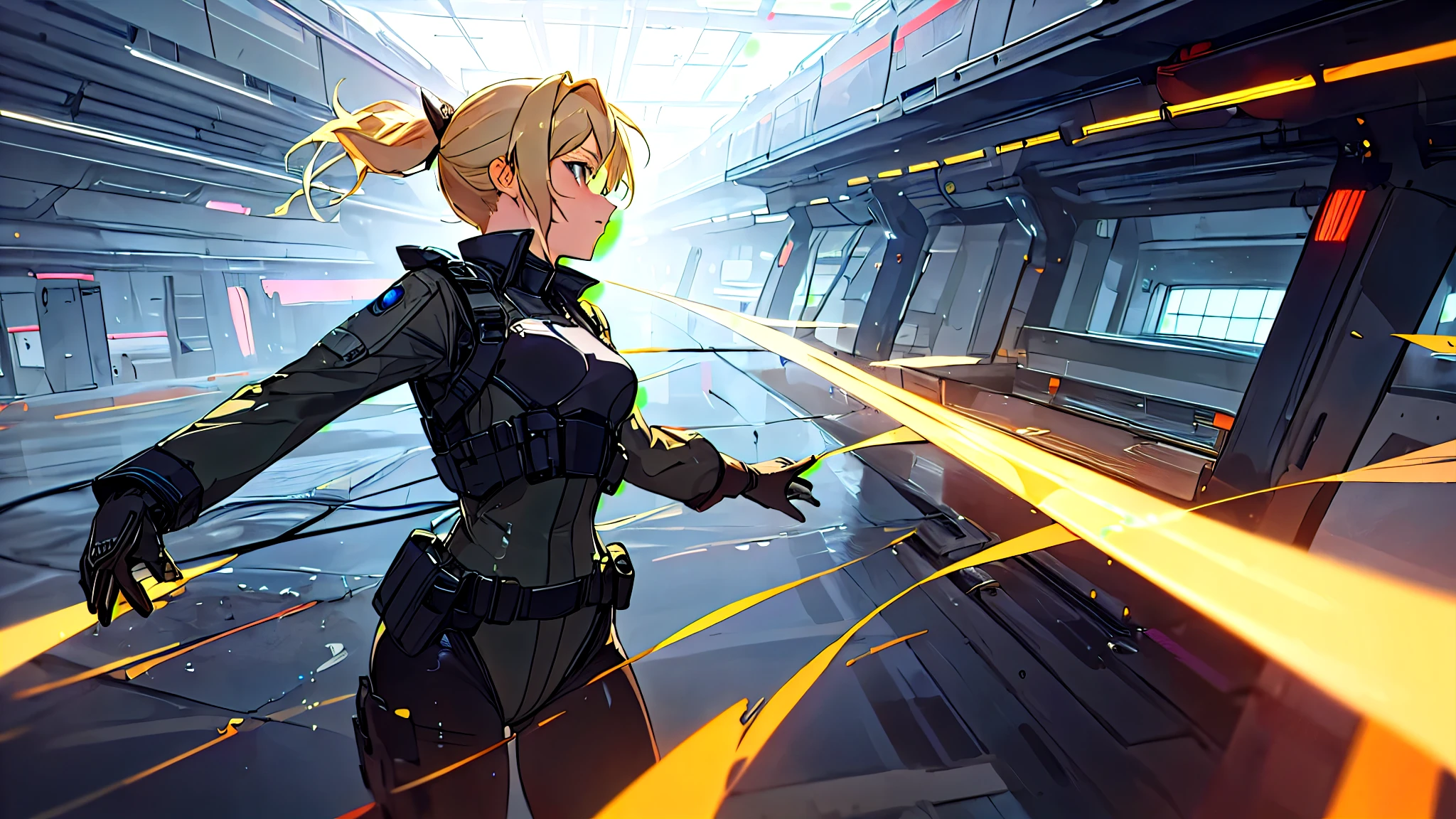 2d anime style, a female military preparing for a new mission, latex outfit for espionage, blonde hair tied in a ponytail, there is a futuristic military base in the background, artificial lighting, high definition, high quality, intricate details, dynamic composition