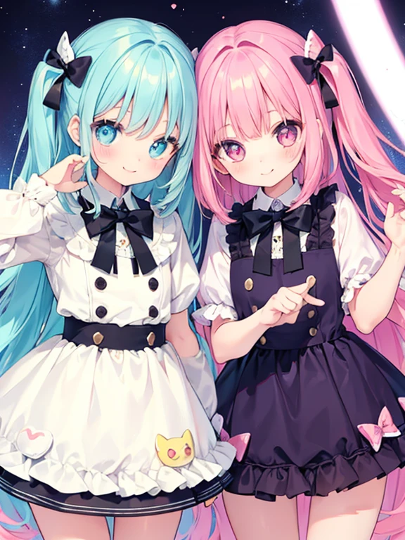 Tabletop, (Two Girls), Idol, Big Plans, Big eyes, Kawaii Tech, cute, cute, pastel colour, highest quality, Happy, Deep Background, Symmetric, Tilt your head