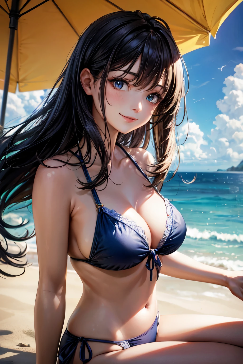 very cute and beautiful girl,(highly detailed beautiful face),floral frilled blue and white bikini,
sitting,looking at viewer,beach,distant rugged cliffs,(smile),black hair,
(best quality,masterpiece),absurdres,highres,ultra-detailed,extremely detailed,32k,
cinematic scene,detailed background,solo,dynamic angle,
hair fluttering in the wind,beautiful detailed sky,perfect hands,