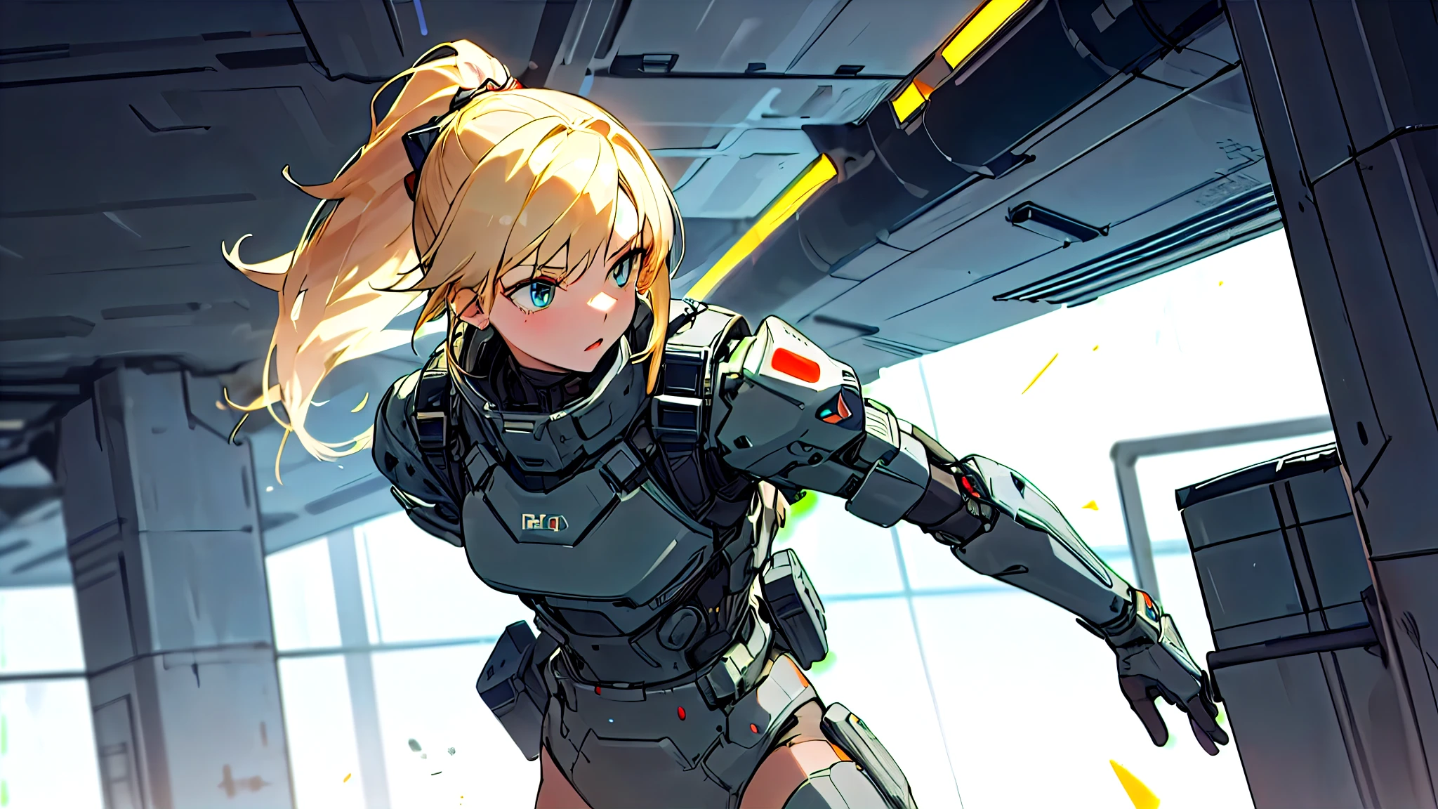 2d anime style, a female military preparing for a new mission, latex outfit for espionage, blonde hair tied in a ponytail, there is a futuristic military base in the background, artificial lighting, high definition, high quality, intricate details, dynamic composition