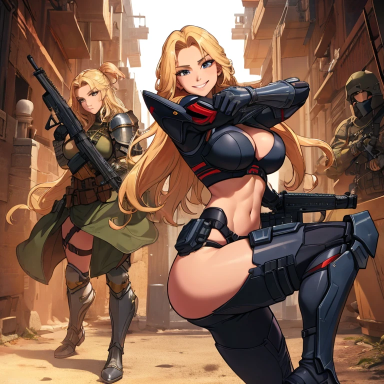 ((highest quality)), ((masterpiece)), (be familiar with), (High definition), 8K, perfect face、1 woman、one blonde woman (fearless smile)、combat readiness、tall、Long Hair、Volumetric hair style、big breasts、constricted waist、big ass、glamorous、Glamorous、protector、Armor、combat suit、combat boots、armed、Equipped with large firearms、Posing in front of a tank、cinematic、best shadow、side lighting