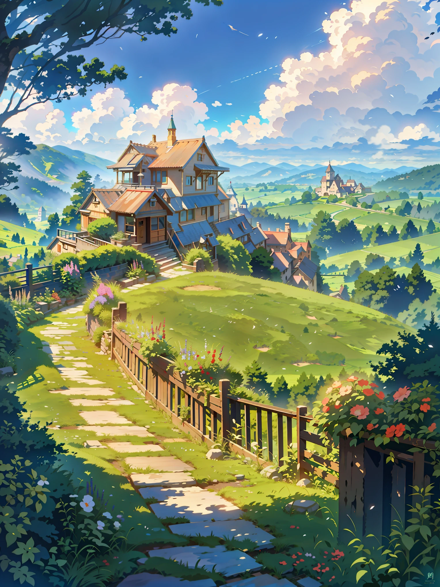 a painting of a small village on a hill, anime landscape, anime countryside landscape, flowers, stairs, fence, ghibli studio art, anime scenery, anime scenery concept art, studio ghibli environment, anime landscape wallpaper, ghibli studio anime style, studio ghibli film, alena aenami and artgerm, magical castle school on a hill, anime. by makoto shinkai, ghibli artstyle, 4k professional painting, game, detailed key anime art, illustation, a beautiful artwork illustration, beautiful digital painting, highly detailed digital painting, beautiful digital artwork, detailed painting 4 k, very detailed digital painting, rich picturesque colors, gorgeous digital painting