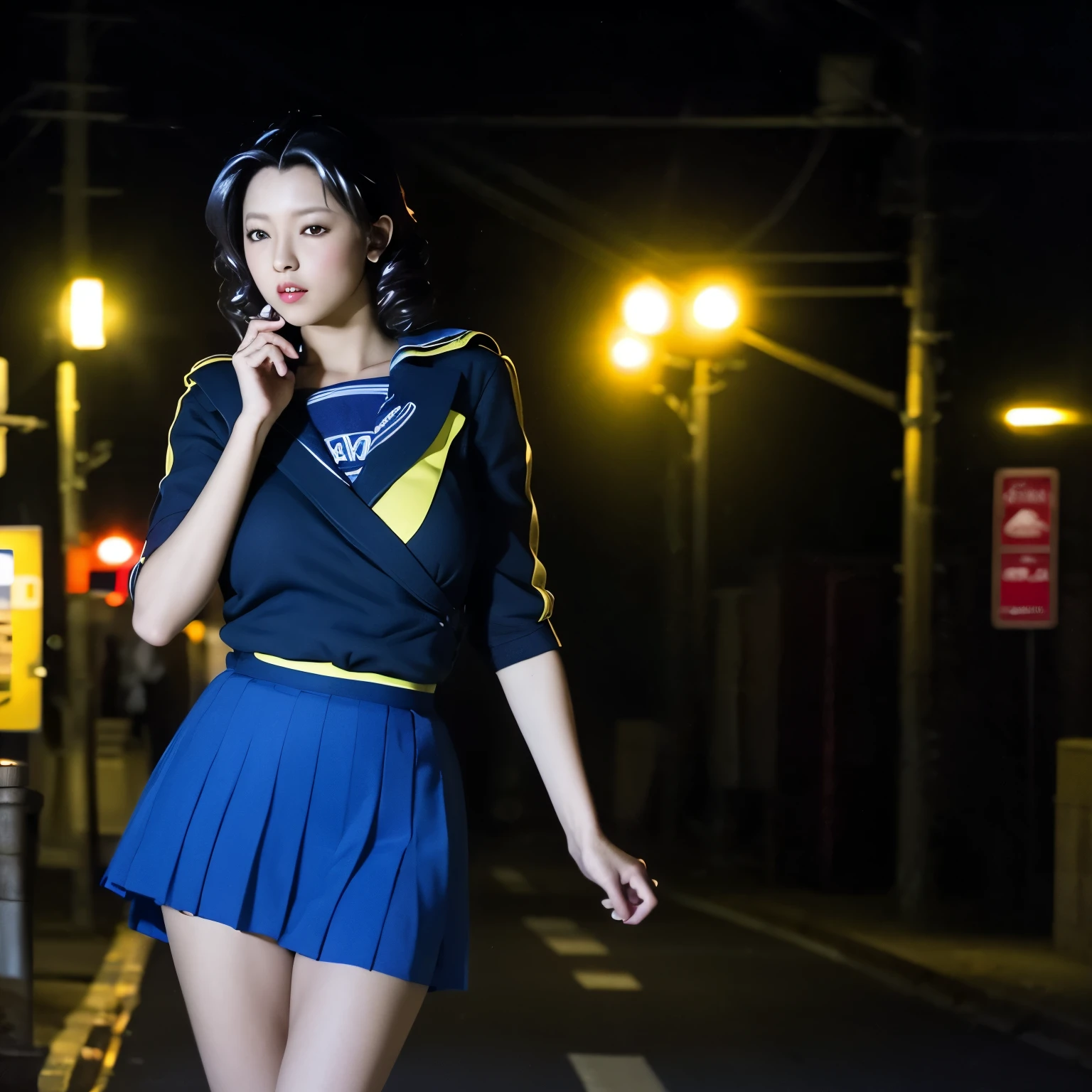 (8k, highest quality, masterpiece:1.2), (Realistic, photo-Realistic:1.37), Very detailed,highest quality, Ultra-high resolution, Professional Lighting, Photon Mapping, Radio City, Physically Based Rendering, Cinema Lighting, Late night roads,Written boundary depth, Sharp focus,Street lamp light、Good composition,(Bokeh:1.2) 1 girl,alone,(whole body), (Mouth closed),Beautiful Eyes,Beautiful thighs、 Temporarily stop, Tight waist,Japanese women, Black Hair,Messy Hair,Hair blowing in the wind,(Ulzzang-6500:1.2) Mix 4, 25-year-old female、