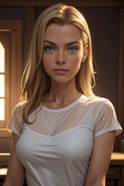 Jaime King Фотоrealistic, hyper realistic, realistic, Soft lighting, Improving lighting quality in videos, 8K, ((1 girl)), 45 year old woman, view audience, realistic lighting, Backlight, Face light, ray tracing, brighter light, Highest quality leather with true texture, Close-up from chest up, The T-shirt is see-through, Pokies Enhances the beauty of skin texture