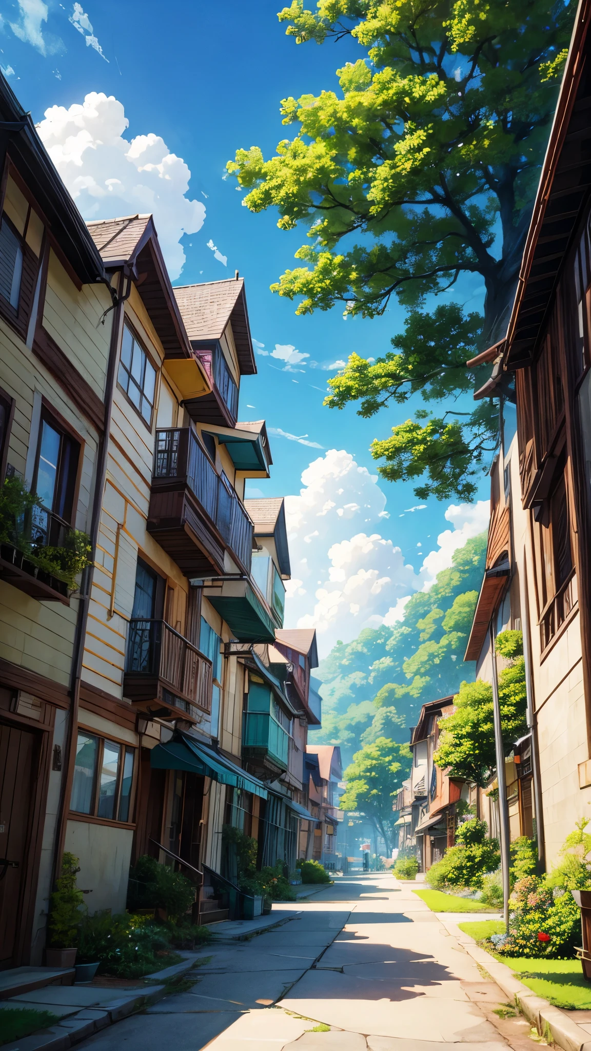 Top quality masterpiece,[A peaceful urban neighborhood with residential buildings, lush greenery, and a sunny, cloud-filled sky], [Vibrant anime-style illustration, soft colors and whimsical details reminiscent of Hayao Miyazaki], [Warm natural lighting, detailed textures, and crisp perspective create an immersive, cinematic atmosphere]