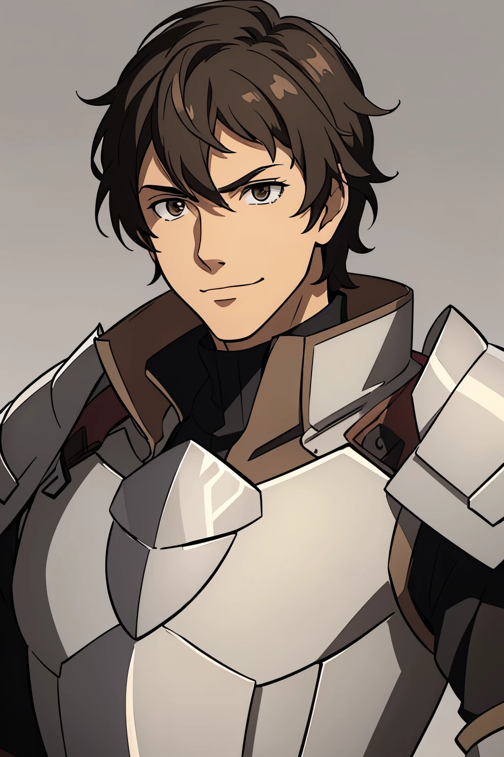 (high-quality, breathtaking),(expressive eyes, perfect face) 1male, boy, solo, portrait, Fire Emblem Awakening, Symmetrical Eyes, black background, dark Brown hair color, short hair length, messy wavy hair, upper body, dark brown eyes, detailed eyes, masculine face, positive expression, charming smiling, Fredrick (Fire Emblem: Awakening), brown and grey armor, weapon, breastplate, polearm, gauntlets, shoulder armor, pauldrons, upper body, shaggy hairstyle, bangs over one eye, hair covering one eye
