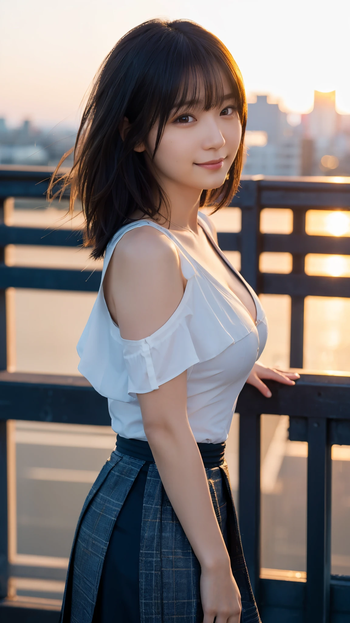 (highest quality,masterpiece:1.3,Ultra-high resolution),(Super detailed,Caustics,8k),(Photorealistic:1.4,RAW shooting),(Buckshot:1.1),Japanese,23 years old,cute,Are standing,(Smiling and looking at the camera),Black Hair Middle Hair,Big Breasts,White blouse,Knee-length skirt,Strong winds,Hair blowing in the wind,Rooftop,Backlight,Sunset,Sunset sky,Waist up shot,(Face Focus),(Face close up),Low position,Low - Angle,Natural light