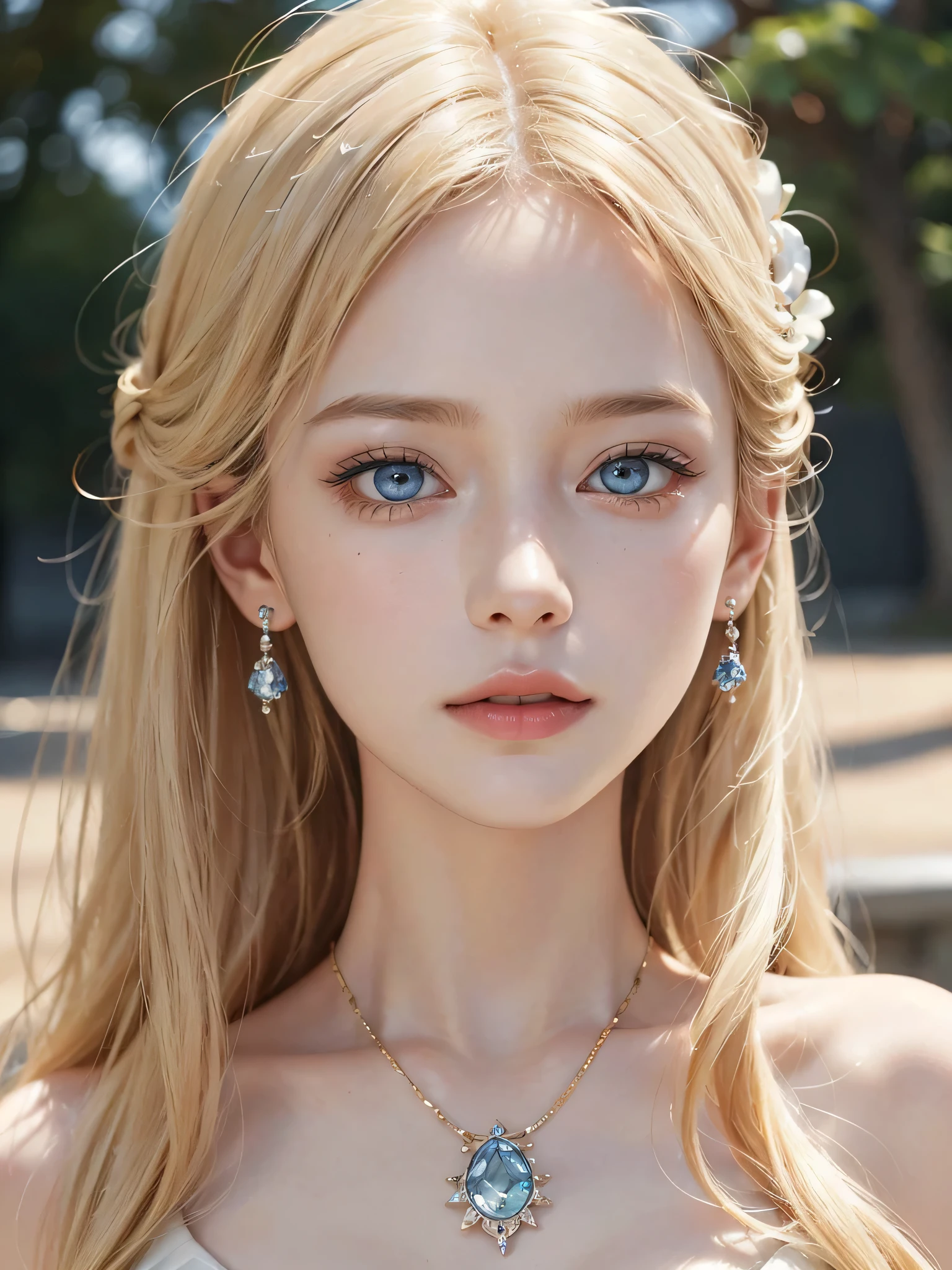 a 20 yo woman, blonde, soothing tones, muted colors, high contrast, (natural skin texture, hyperrealism, soft light, sharp), masterpiece, ultra high resolution, ultra realistic, realistic face, Highest high resolution, lady standing on outside, daylight, half-side view of face, beautiful face, a determined face, side light, dramatic light, eyes on audience, Dynamic bust of beautiful aristocratic maiden, light blonde hair, beautiful blue eyes,Crystal jewelry filigree,Ultra-detailed details,upscaled。best quality, 8k, high quality, masterpiece, straight hair, Fair skin, side sun-light, day-light, dynamic pose realistic, detailed and correct facial structure