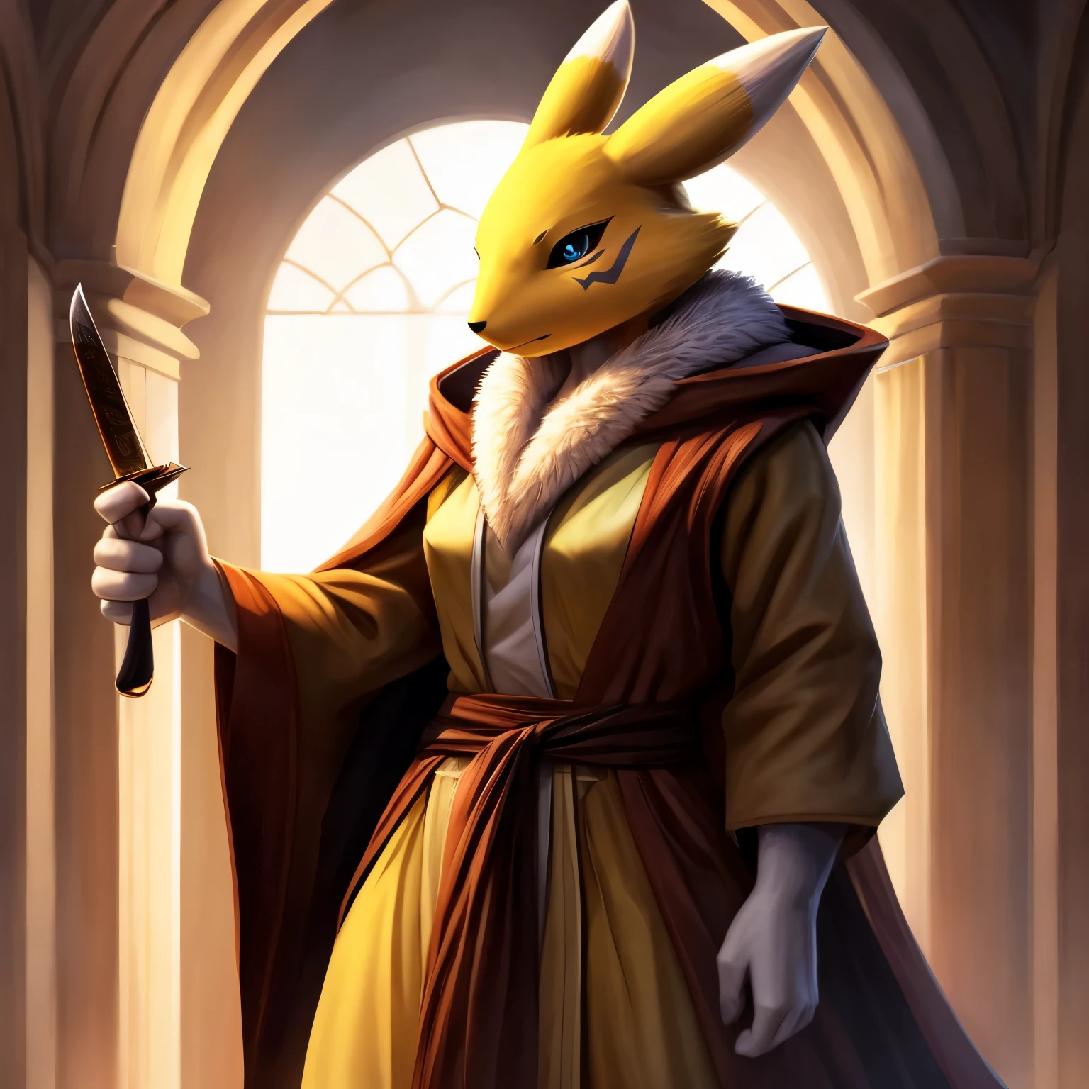 renamon, yellow fur, fox girl, brown thick robe, cloth vest, sash, digital art, standing upright, hands at the sides, holding a knife, looking down, digital art, wide shot, hard light, detailed face, detailed eyes