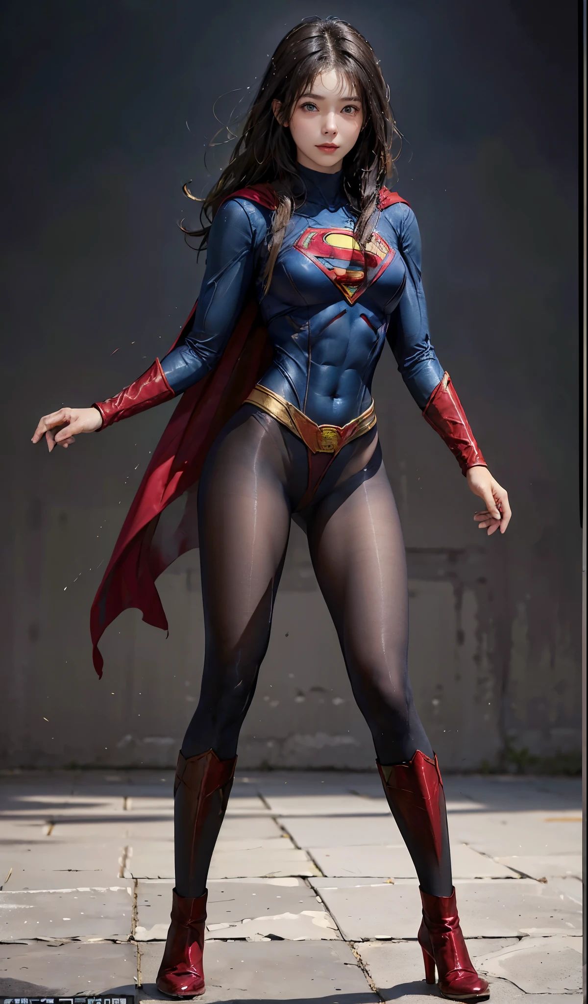 No background、(((Beautiful legs in black tights.)))、(((Legally express the beauty of your smile)))、((((Make the most of your original images)))、(((Supergirl Costume)))、(((Beautiful Hair)))、(((suffering)))、(((Please wear black tights....、Wear red boots)))、((Best image quality、8k))、((highest quality、8k、masterpiece:1.3))、(((Preserve background )))、Sharp focus:1.2、Beautiful woman with perfect figure:1.4、Slim Abs:1.2、Wet body:1.5、Highly detailed face and skin texture、8k