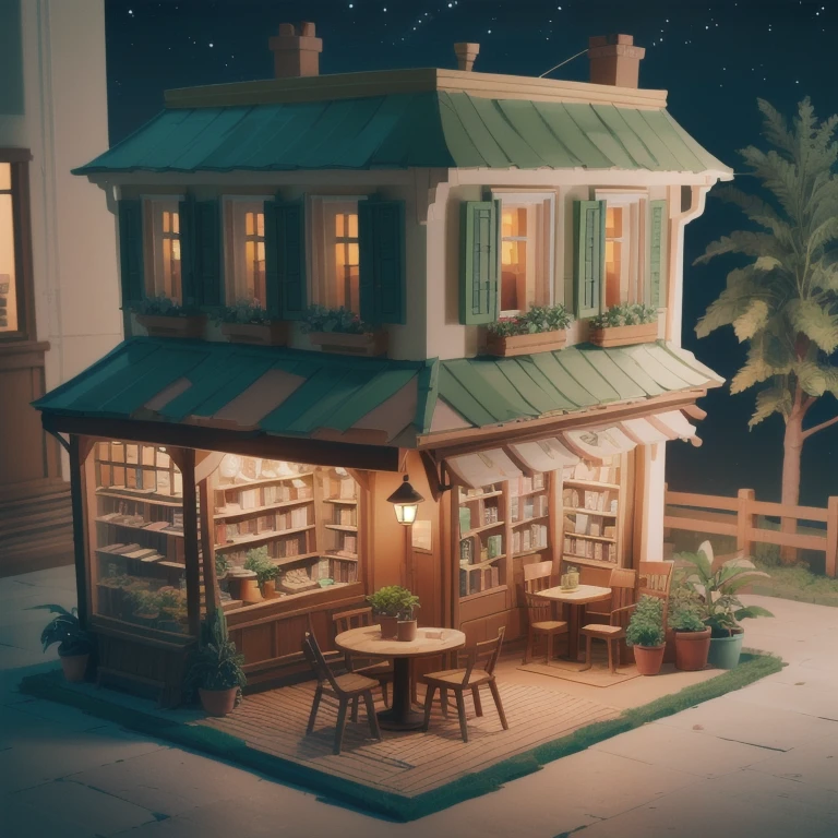 (masterpiece, best quality:1.3, highres, ultra-detailed, 8k, centered, iso_shop, (isometric), outdoors, indoors, tree, book, no humans, window, night, chair, table, plant, building, scenery, potted plant, lamp, cafe, (small details), (extremely detailed), (tilt shift:0.6),