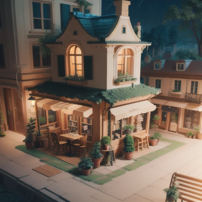 (masterpiece, best quality:1.3, highres, ultra-detailed, 8k, centered, iso_shop, (isometric), outdoors, indoors, tree, book, no humans, window, night, chair, table, plant, building, scenery, potted plant, lamp, cafe, (small details), (extremely detailed), (tilt shift:0.6),