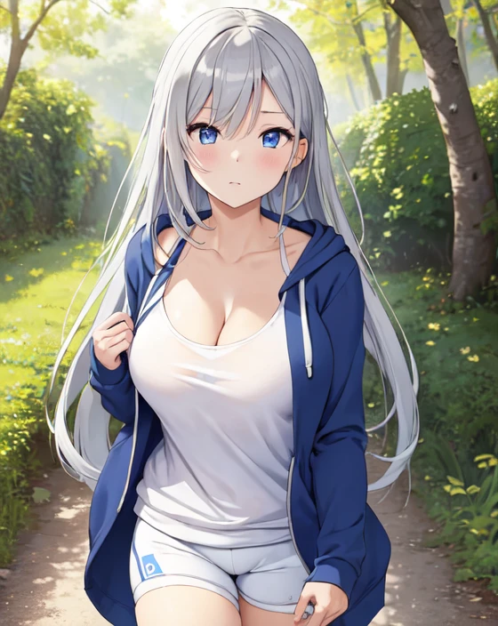 (((masterpiece))), ShizukaMikazuki, One Girl, alone, View your audience, Long Hair, Gray Hair, Long sleeve, Cleavage, Large Breasts, Make your face a little smaller,clavicle, blue eyes,Enlarge your breasts a little more, Open clothes, open hoodie, blue hoodie, White shirt,Black hot pants, Play sports often, bicycle,Cycling in nature