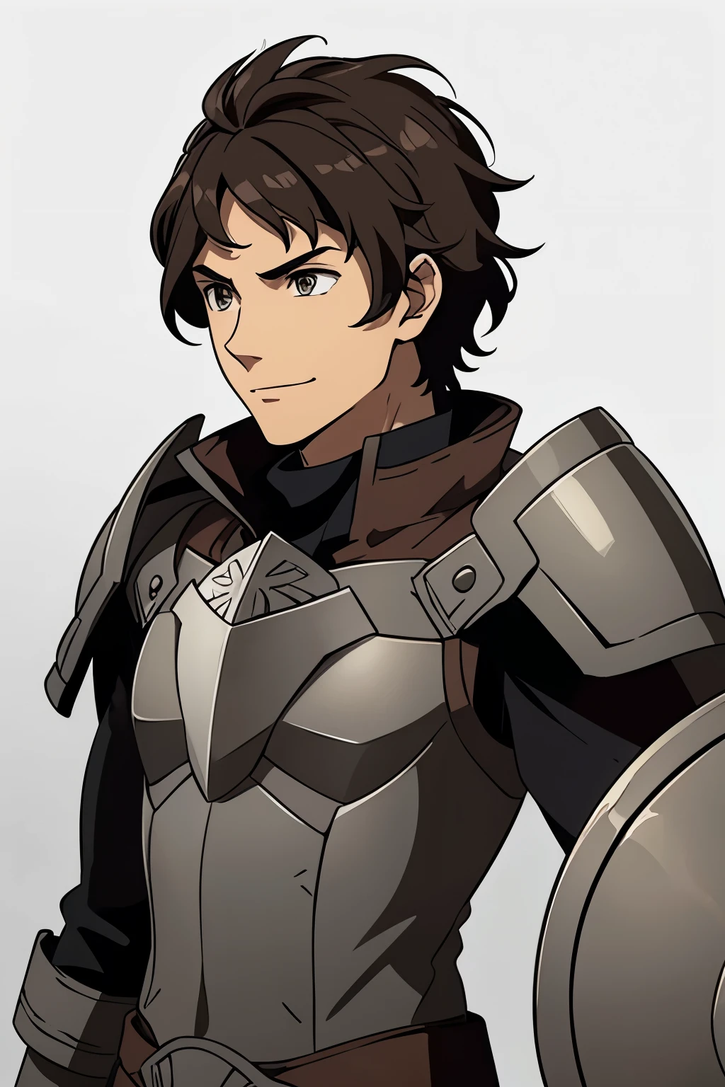 (high-quality, breathtaking),(expressive eyes, perfect face) 1male, boy, solo, portrait, Fire Emblem Awakening, Symmetrical Eyes, black background, dark Brown hair color, short hair length, messy wavy hair, upper body, dark brown eyes, detailed eyes, masculine face, positive expression, charming smiling, Fredrick (Fire Emblem: Awakening), brown and grey armor, weapon, breastplate, polearm, gauntlets, shoulder armor, pauldrons, upper body, shaggy hairstyle, bangs over one eye, hair covering one eye
