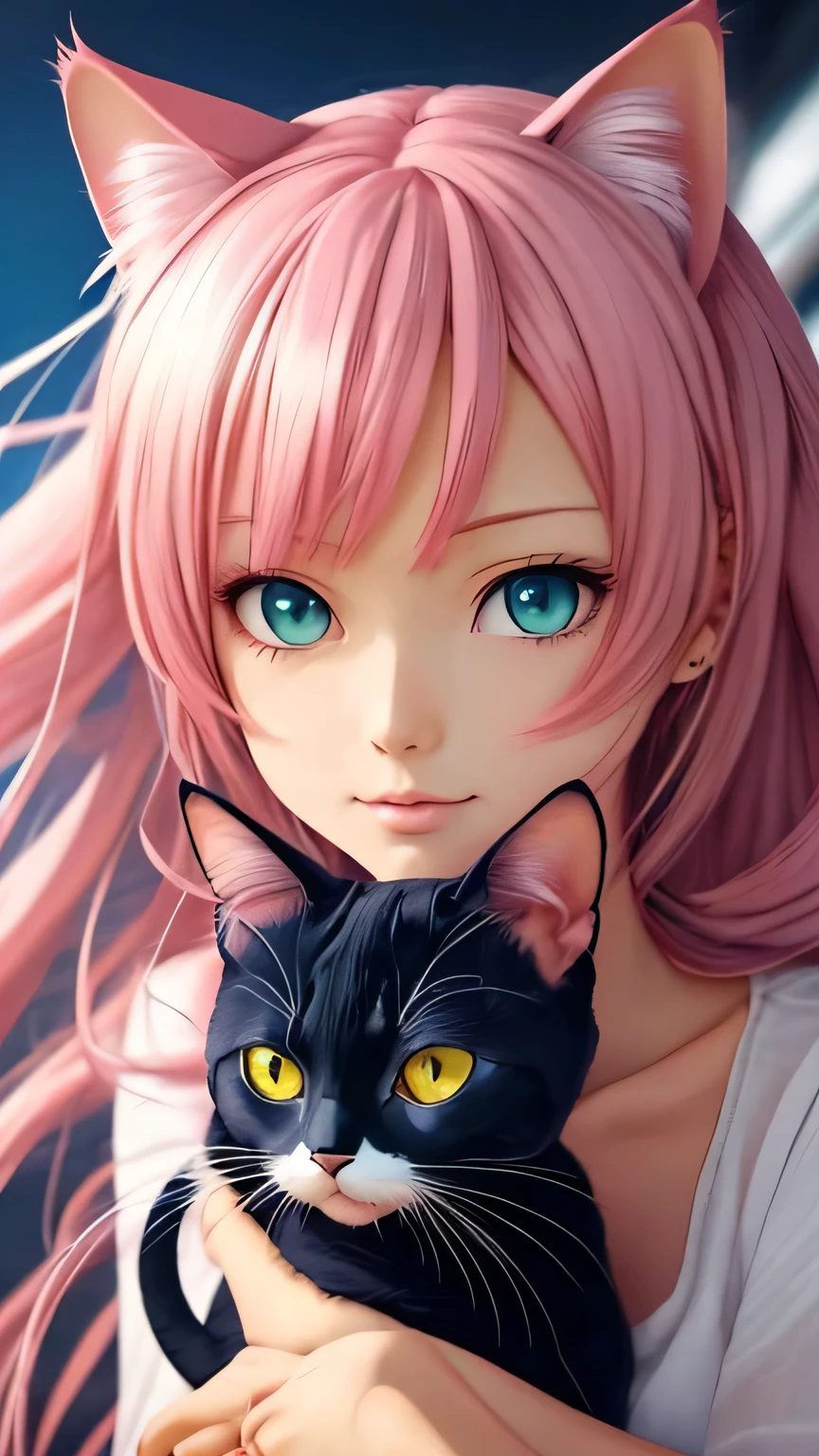 There is a woman with pink hair and cat ears., Very beautiful cute cat girl, Charming cat girl, Real life anime girls, Ultra realistic anime, beautiful Anime cat girl, Anime cat girl, Beautiful young cat girl, Very Beautiful Anime Cat Girl, Surreal , Enchanting anime girl, cute Anime cat girl, Cat ears anime girl