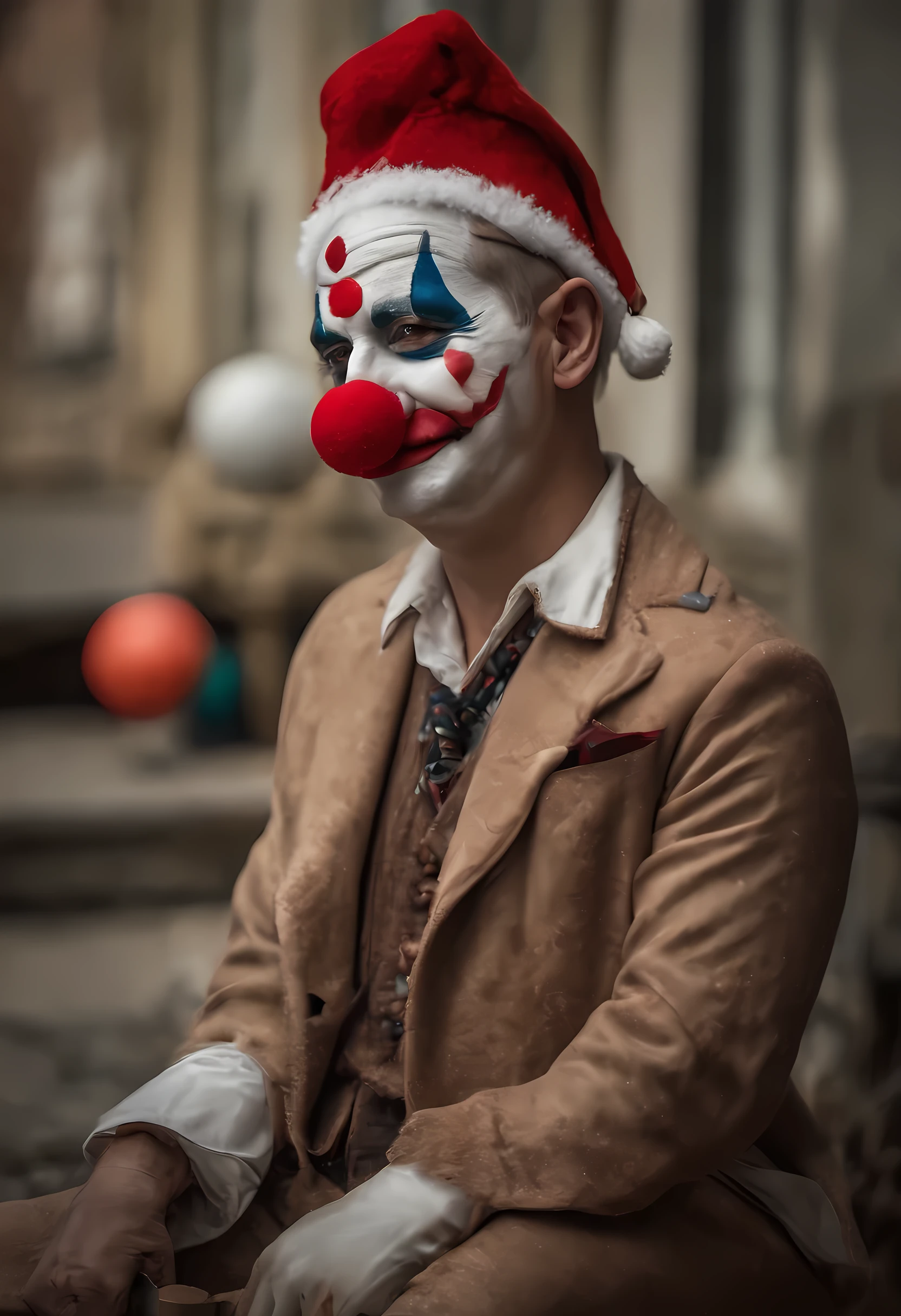 Clean background, (white face clown), wearing colorful knitted texture hat, intricate detail hat, ((full body shot)), (realistic style), (face thickly painted white)), red mouth, nose wearing red sponge ball, movie grade light effect, funny action, happy clown, looking at the audience, white gloves, colored magic wand in hand, clown character costume, Red plush shoes with big head, highest quality, master art, masterpiece, (with high artistic viewing), 4K picture quality,