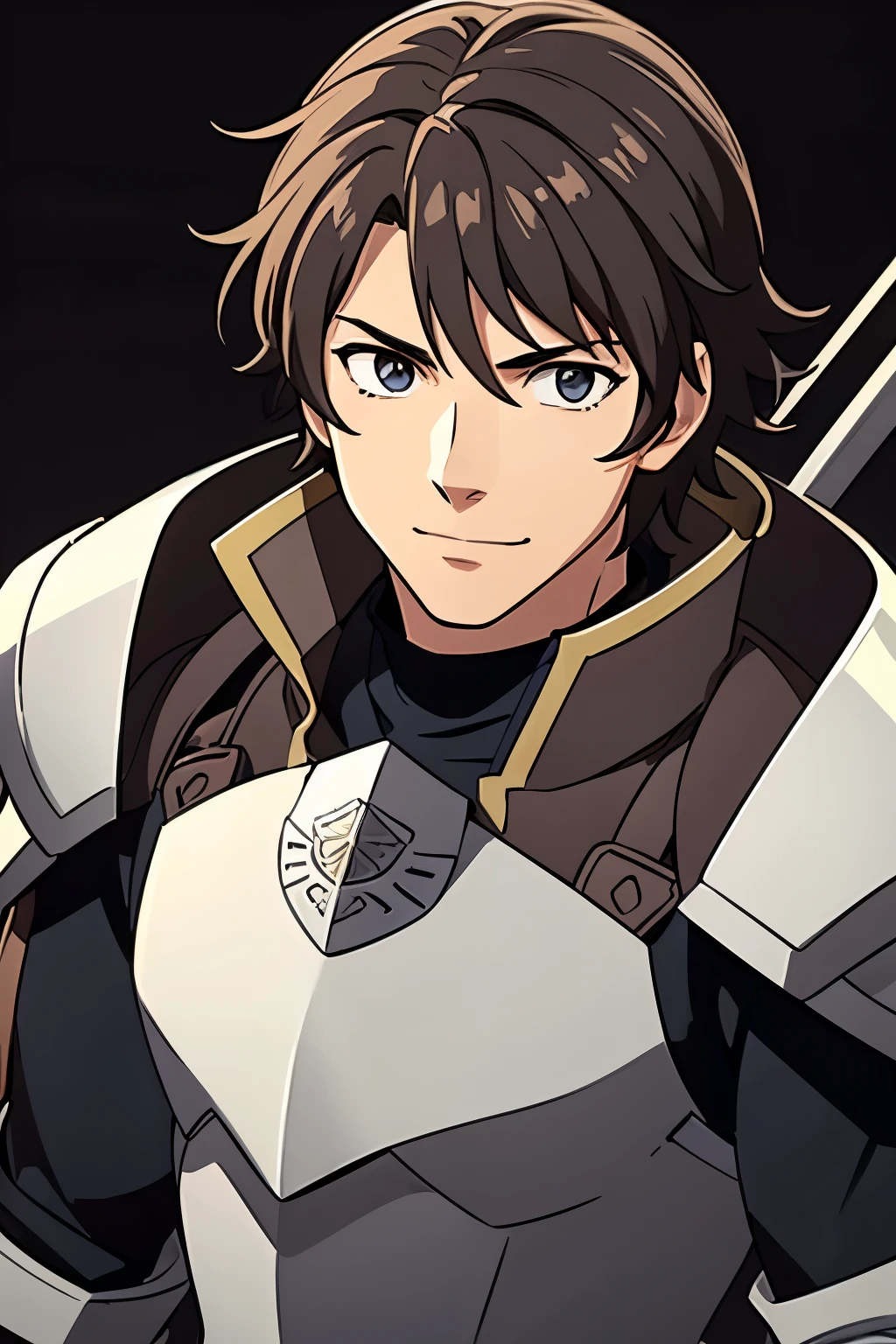 (high-quality, breathtaking),(expressive eyes, perfect face) 1male, boy, solo, portrait, Fire Emblem Awakening, Symmetrical Eyes, black background, dark Brown hair color, short hair length, messy wavy hair, upper body, dark brown eyes, detailed eyes, masculine face, positive expression, charming smiling, Fredrick (Fire Emblem: Awakening), brown and grey armor, weapon, breastplate, polearm, gauntlets, shoulder armor, pauldrons, upper body, messy shaggy hair
