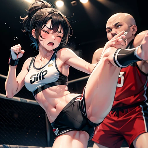 Cute high school girl, slender body, mixed martial arts match in ring, overwhelmed by punches from female opponent, eyes closed, face turned away, distressed, very sweaty, out of breath, short black hair, poor body, small breasts, sports bra, high leg shorts, open finger gloves
