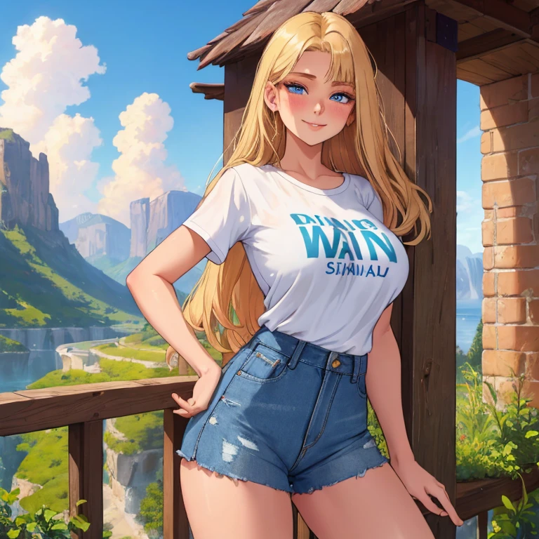 (masterpiece, best quality:1.4), (8K), Young brunette beauty, (((18 years old, neat girl))), detailed blue eyes, long eyelashes, blush, kind smile, upper body, covered large breasts, (t-shirt), denim short shorts, (from side), (looking at viewer), beautiful blonde hair, white-skinned, long hair, parted bangs, (huge breasts), (valley, beautiful and magnificent skyline, majestic sky), colorful natural light)