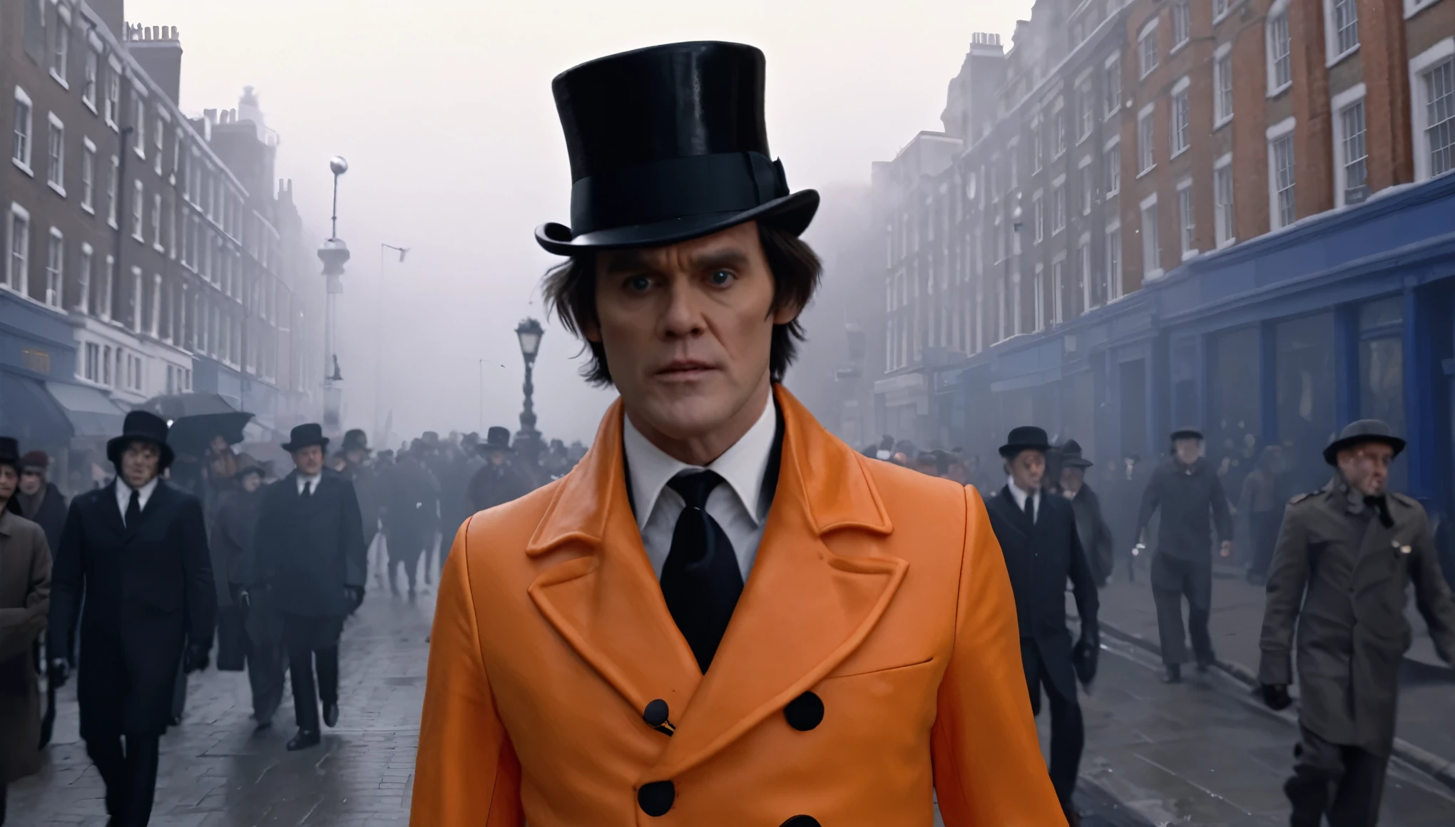 "(best quality,4k,8k,high resolution,masterpiece:1.2),ultra-detailed,(realistic,photorealistic,photo-realistic:1.37), man with the face of Jim Carrey dressed in Clockwork Orange, walking down a London street, in the background, a lot of fog