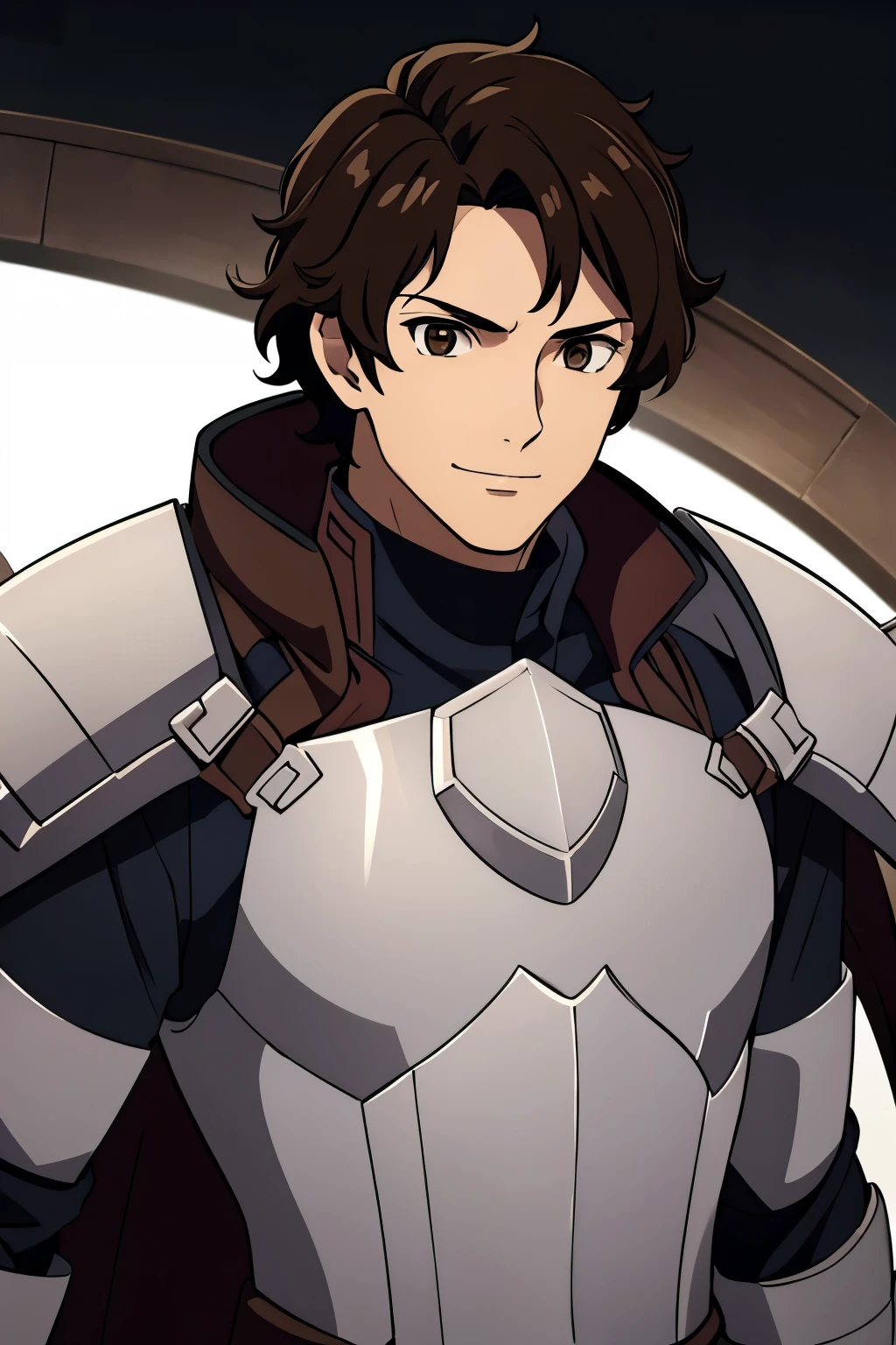 (high-quality, breathtaking),(expressive eyes, perfect face) 1male, boy, solo, portrait, Fire Emblem Awakening, Symmetrical Eyes, black background, dark Brown hair color, short hair length, messy wavy hair, upper body, dark brown eyes, detailed eyes, masculine face, positive expression, charming smiling, Fredrick (Fire Emblem: Awakening), brown and grey armor, weapon, breastplate, polearm, gauntlets, shoulder armor, pauldrons, upper body, shaggy hairstyle