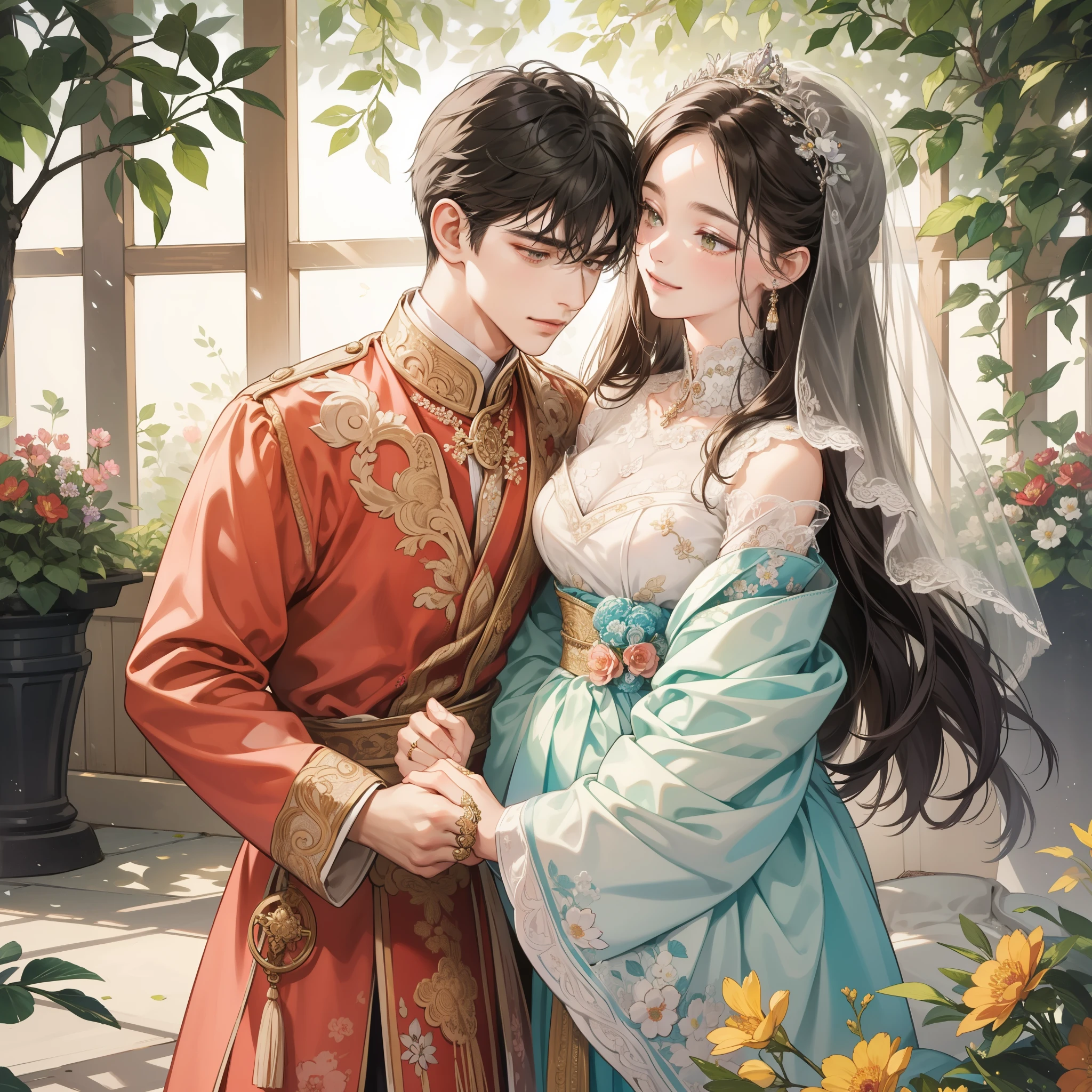 (1man and 1woman, getting married: 1.2), intricately detailed traditional attire, bright colors, floral motifs, vibrant patterns, long sleeves, elegant headdresses, bridal veil, smiling faces, exchanging vows, ring ceremony, hands clasp, close-up shot, emotional expression, tearful eyes, intimate moments, ceremony hall decorated with flowers, candles, and cultural ornaments. (BREAK), beautiful landscape with blooming flowers and greenery, symbolizing growth and prosperity, sunshine filtering through the trees, birds singing in the background, serene atmosphere. (BREAK), capturing every detail from the embroidered