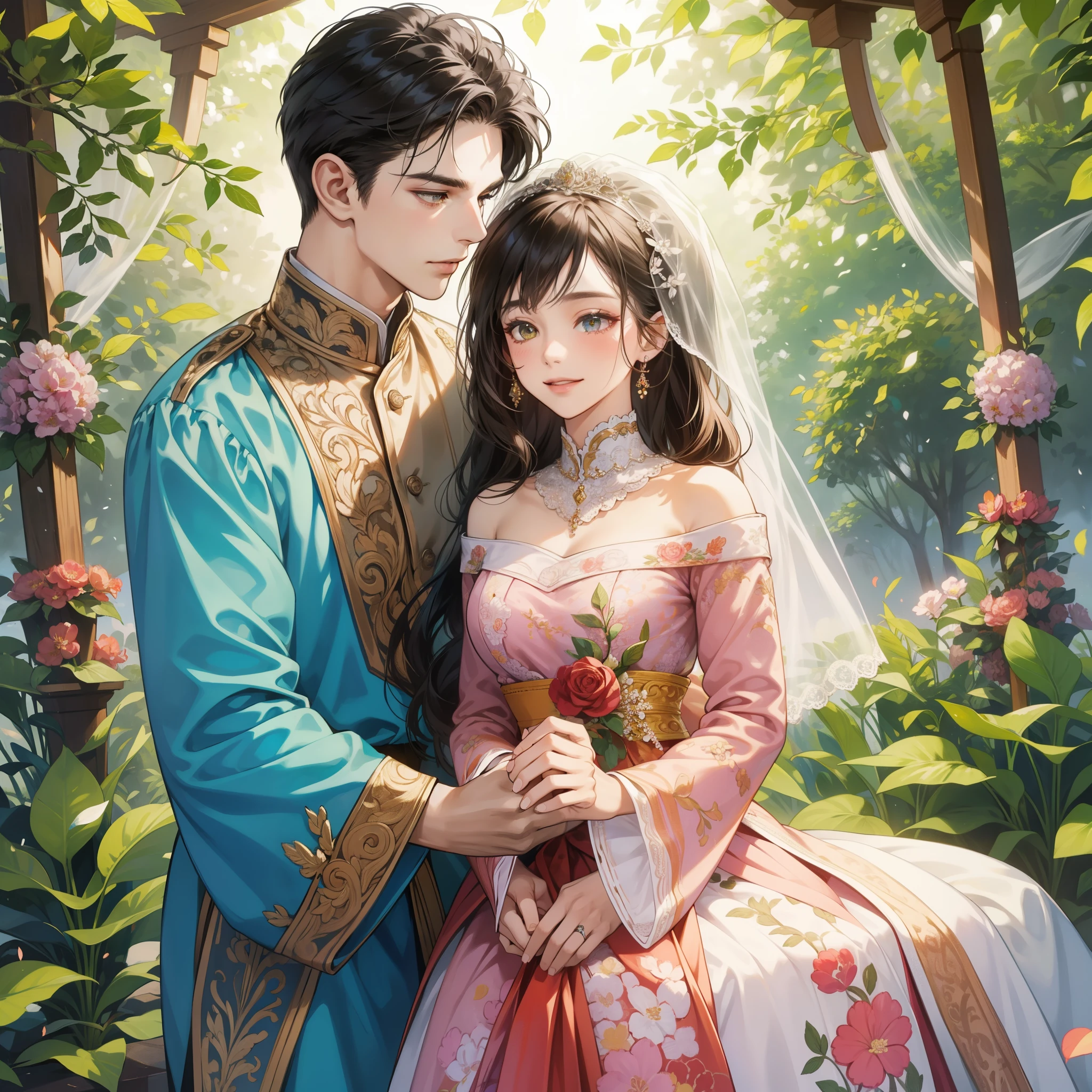 (1man and 1woman, getting married: 1.2), intricately detailed traditional attire, bright colors, floral motifs, vibrant patterns, long sleeves, elegant headdresses, bridal veil, smiling faces, exchanging vows, ring ceremony, hands clasp, close-up shot, emotional expression, tearful eyes, intimate moments, ceremony hall decorated with flowers, candles, and cultural ornaments. (BREAK), beautiful landscape with blooming flowers and greenery, symbolizing growth and prosperity, sunshine filtering through the trees, birds singing in the background, serene atmosphere. (BREAK), capturing every detail from the embroidered