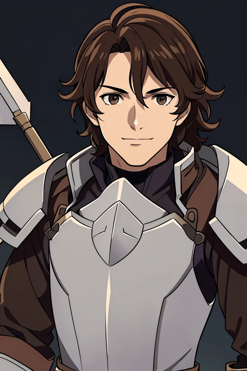 (high-quality, breathtaking),(expressive eyes, perfect face) 1male, boy, solo, portrait, Fire Emblem Awakening, Symmetrical Eyes, black background, dark Brown hair color, short hair length, messy wavy hair, upper body, dark brown eyes, detailed eyes, masculine face, positive expression, charming smiling, Fredrick (Fire Emblem: Awakening), brown and grey armor, weapon, breastplate, polearm, gauntlets, shoulder armor, pauldrons, upper body, shaggy hairstyle
