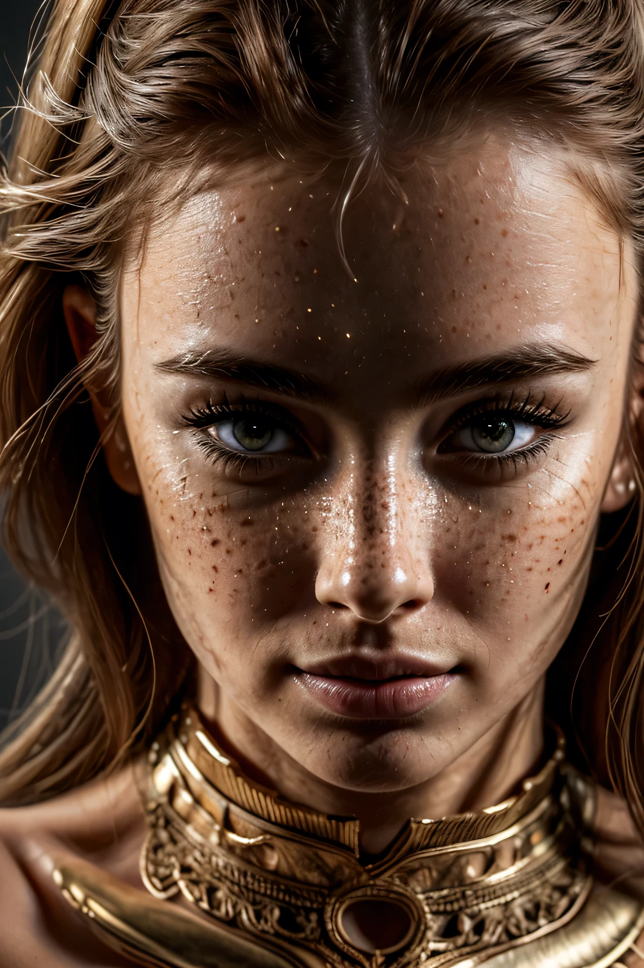 (((Masterpiece))), extremely realistic, vivid details, extremely detailed, 4k, Ultra beautiful european doll face woman close up, ((close up face 1.8))freckles under eyes, She is extremely beautiful with sharp edges, perfect face, perfect geometry, geometrically symmetrical, sexy cat eye makeup, blonde hair, Face closeup,beautiful neckless, ultra realistic eyes,smile,(smile with eyes), (direct eye contact with camera 1.5),ultra detailed eyes, (depth in eyes 1.3),(realistic human skin:1.6), ultra detailed skin texture,PBR Textures,Super Resolution, Multi-layer Textures, Magical vibe in the pic, mystical