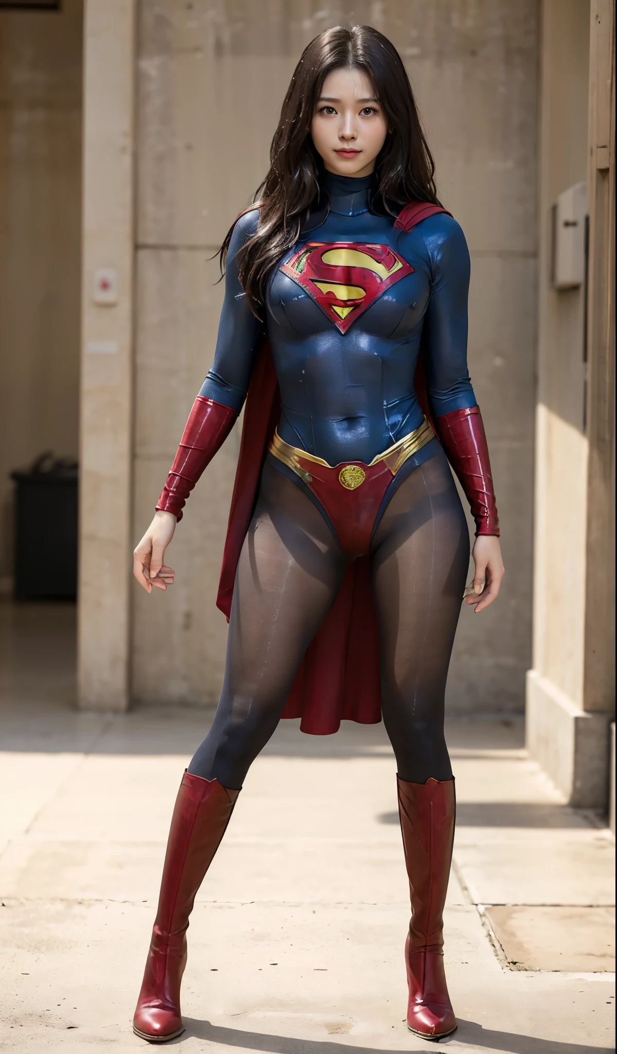 No background、(((Beautiful legs in black tights.)))、(((Legally express the beauty of your smile)))、((((Make the most of your original images)))、(((Supergirl Costume)))、(((Beautiful Hair)))、(((suffering)))、(((Please wear black tights....、Wear red boots)))、((Best image quality、8k))、((highest quality、8k、masterpiece:1.3))、(((Preserve background )))、Sharp focus:1.2、Beautiful woman with perfect figure:1.4、Slim Abs:1.2、Wet body:1.5、Highly detailed face and skin texture、8k
