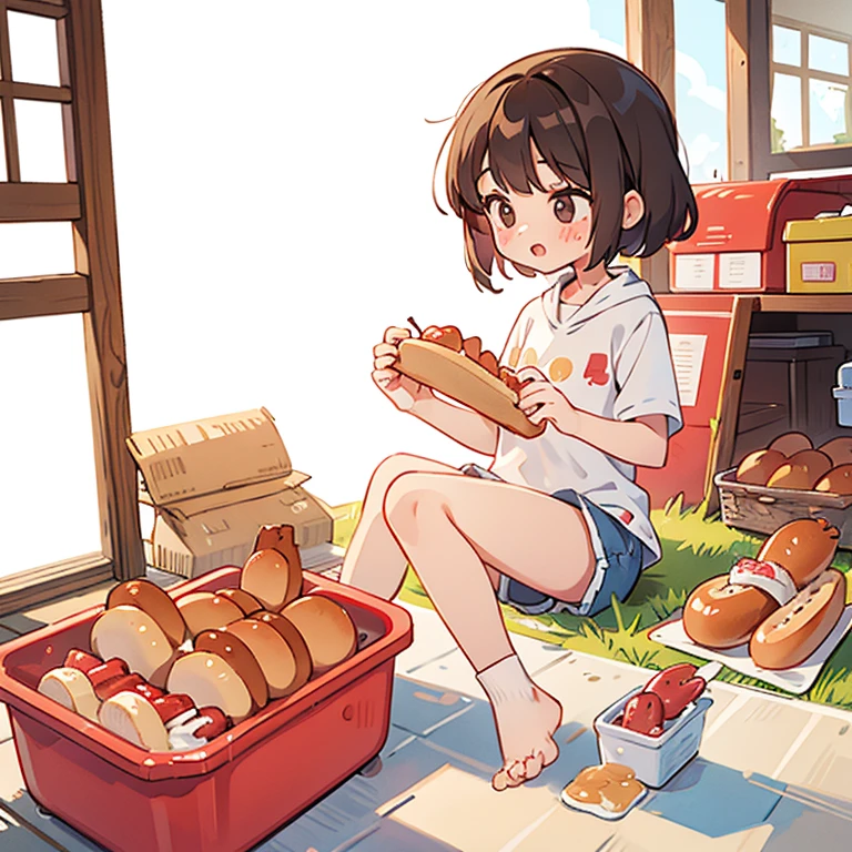 Girls in shorts making hot dogs