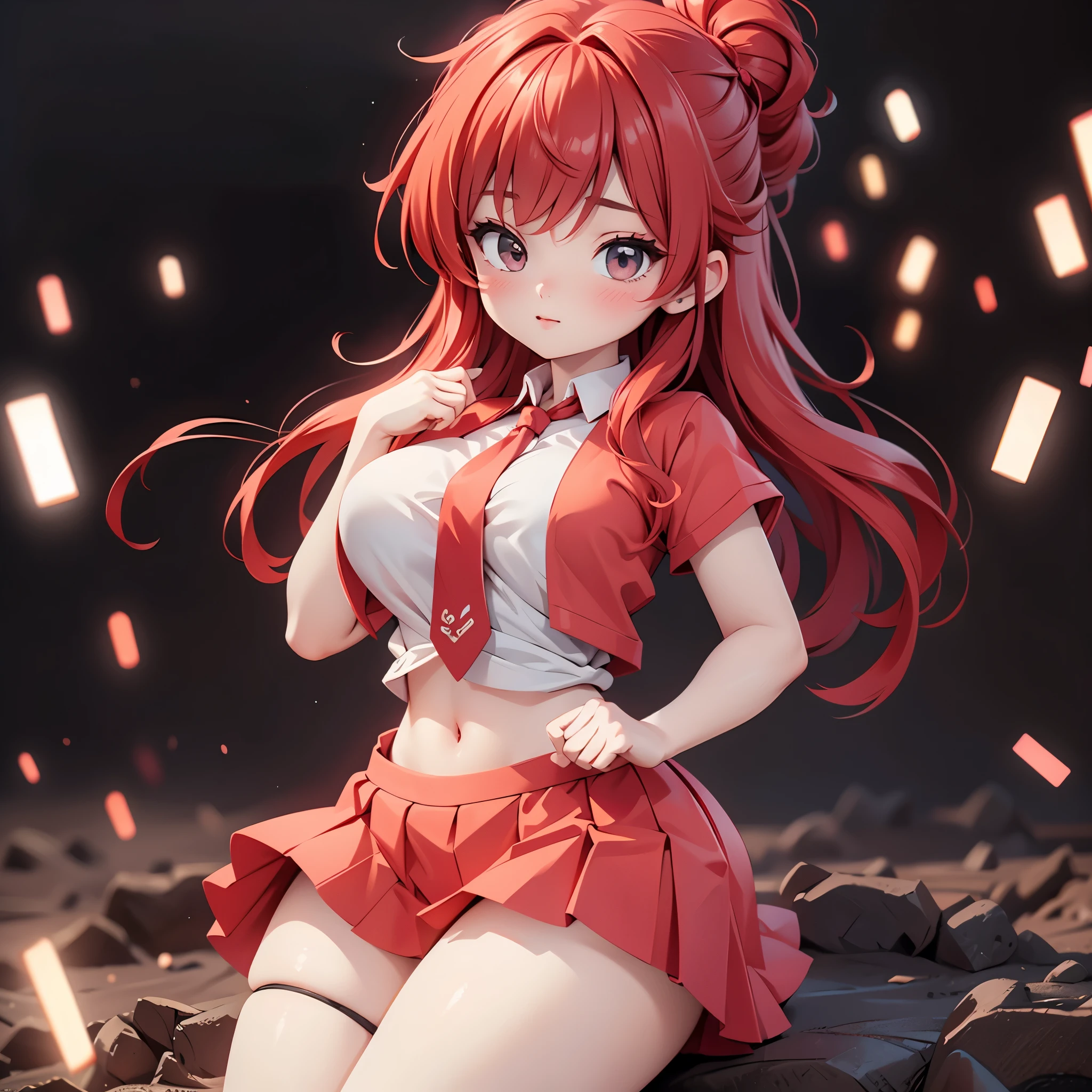 1 only, the best quality, A red-haired girl with huge breasts, sitting, slender, black  with red tie, deep neckline, exposed navel, miniskirt, eyes visible through hair, photo shoot, big thighs, tight tape on thighs, pechos gigantes 