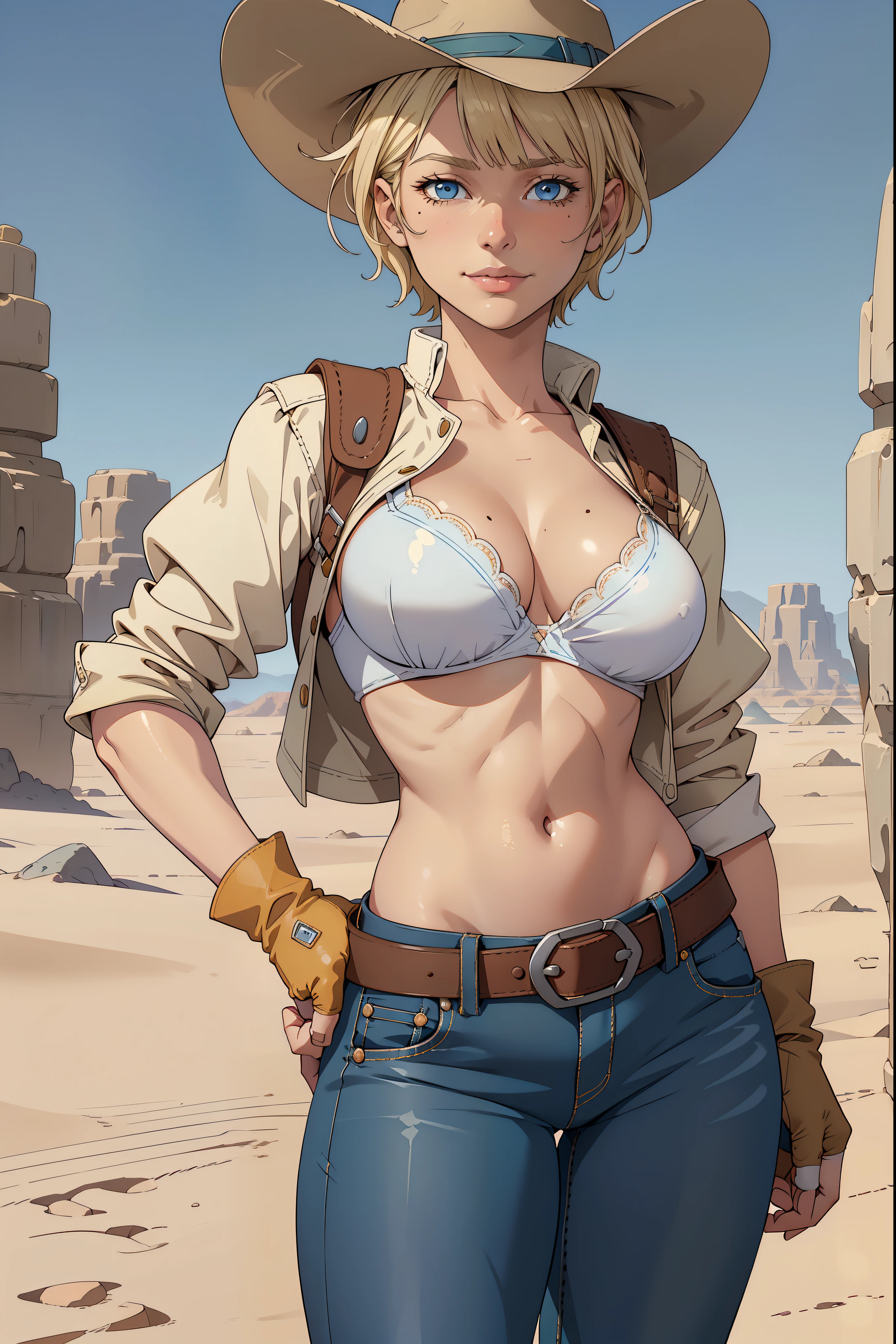 1girl, cowboy hat, white bra, green vest, no sleeves, navel, blue jeans, brown boots, fingerless gloves, short gloves, slight smile, short hair, blonde hair, parted bangs, blue eyes, mole under right eye, American Old West, sunny desert background, belt, best quality, masterpiece