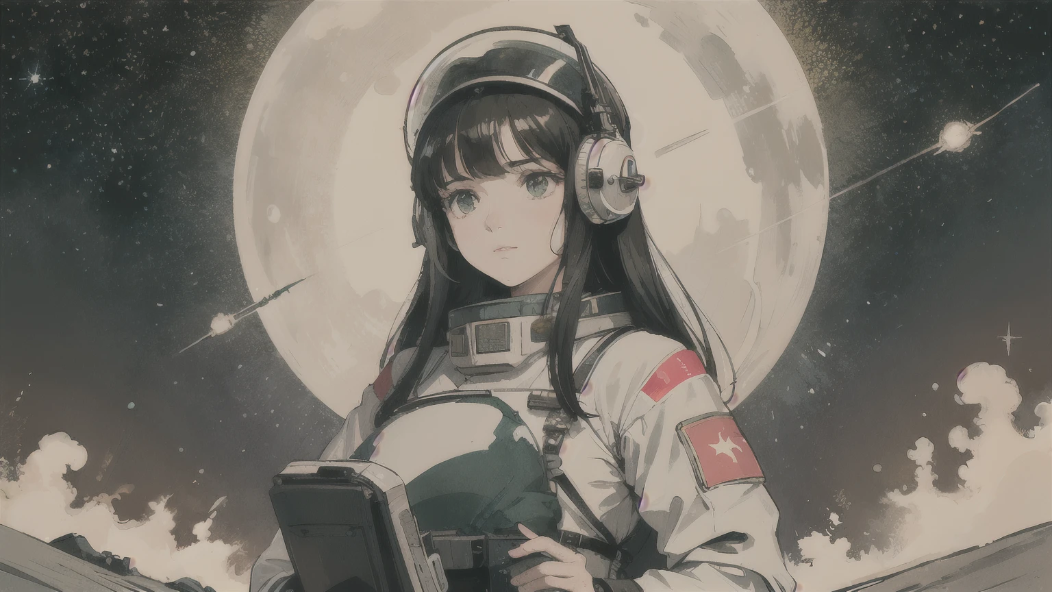 A single woman with beautiful green eyes and intricate details, shiny black hair with straight bangs, centered in the middle of the screen, looking flatly upwards, inside a spacecraft, with a СССР (USSR) poster on a coffee-colored sheet in an old-fashioned news style, adolescent, in the style of the Soviet Union, amidst outer space and a sea of stars, with the red letters СССР (USSR) on the top of the helmet, experiencing weightlessness, illuminated by side light with reflections of sunlight on her space suit. pixel art.