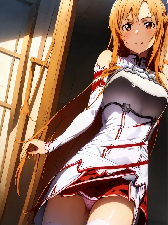Asuna Yuki(Sword Art Online), Dynamic Angle, Long bronze hair,Braiding,Brown eyes,Fine grain,Big bust line,roll forward,Armature,plate,Long sleeve white shirt,Removable sleeves,Red and white skirt,Pleated skirt,real,Her slim legs are really cute.,Very beautiful long legs.,White knee-highs,garter,Perfect body,real,Are standing,Lean forward slightly,Asuna Yuki(Sword Art Online), (masterpiece, highest quality:1.2), (((One girl))), 一人で pantierassing, panties,, (((lip, pantiesが見えてるよ)pread gs, (((Skirt flip, pantiesが見えてるよ))), (((Skirip, paえてるよ))), (((Skirt flip, panが見えてるよ(Skirt flip, pantiesが見えてるよ)
