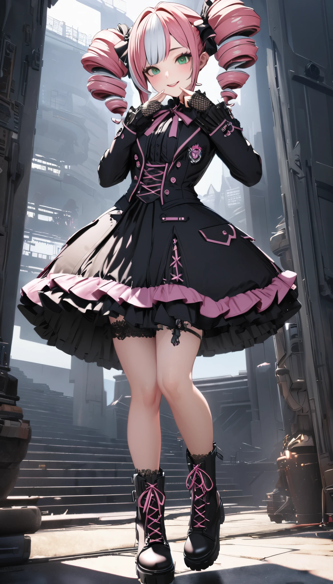 (((Highest quality ultra detailed,Unity 8k))),(((Twin Drill:1.3))),emerald eye,blazer:1.1 (Gothic Lolita:1.2),pinklace up boots,pink hair, ((highlights hair,silver streaked hair)), ((watching at Viewer:1.3))smile,(((full body:1.3))),pink Ribbon,Close your mouth