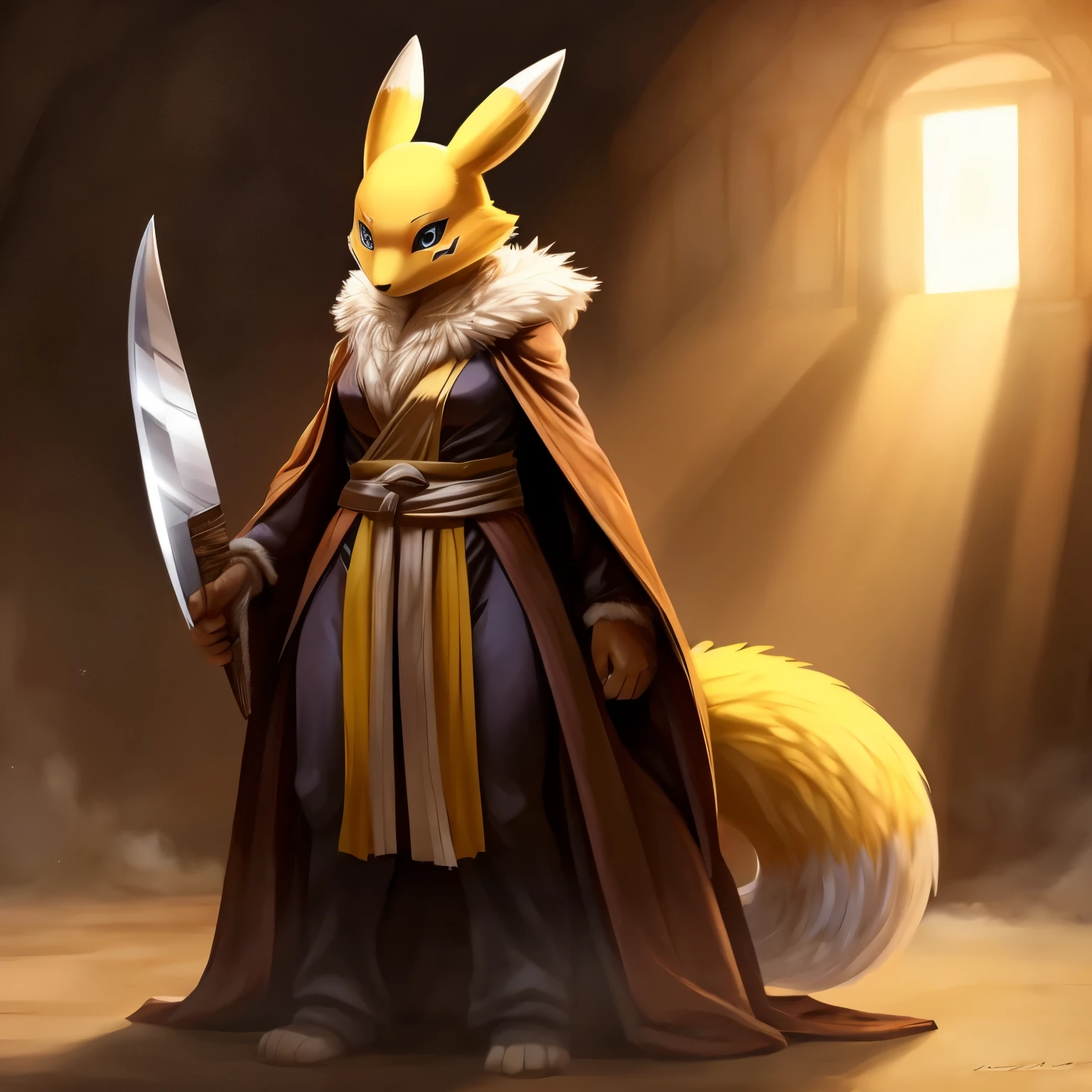 renamon, yellow fur, fox girl, brown thick robe, cloth vest, sash, digital art, standing upright, hands at the sides, holding a knife, looking down, digital art, wide shot, hard light,