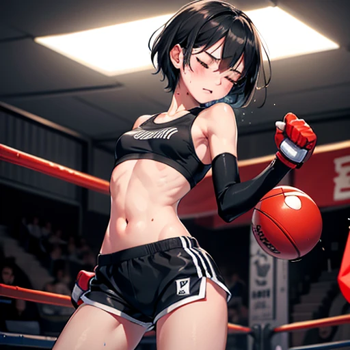 Cute high school girl, slender body, cornered in ring, overwhelmed by punches from female opponent, eyes closed, face turned away, distressed, very sweaty, out of breath, short black hair, poor body, small breasts, sports bra, high leg shorts, open finger gloves