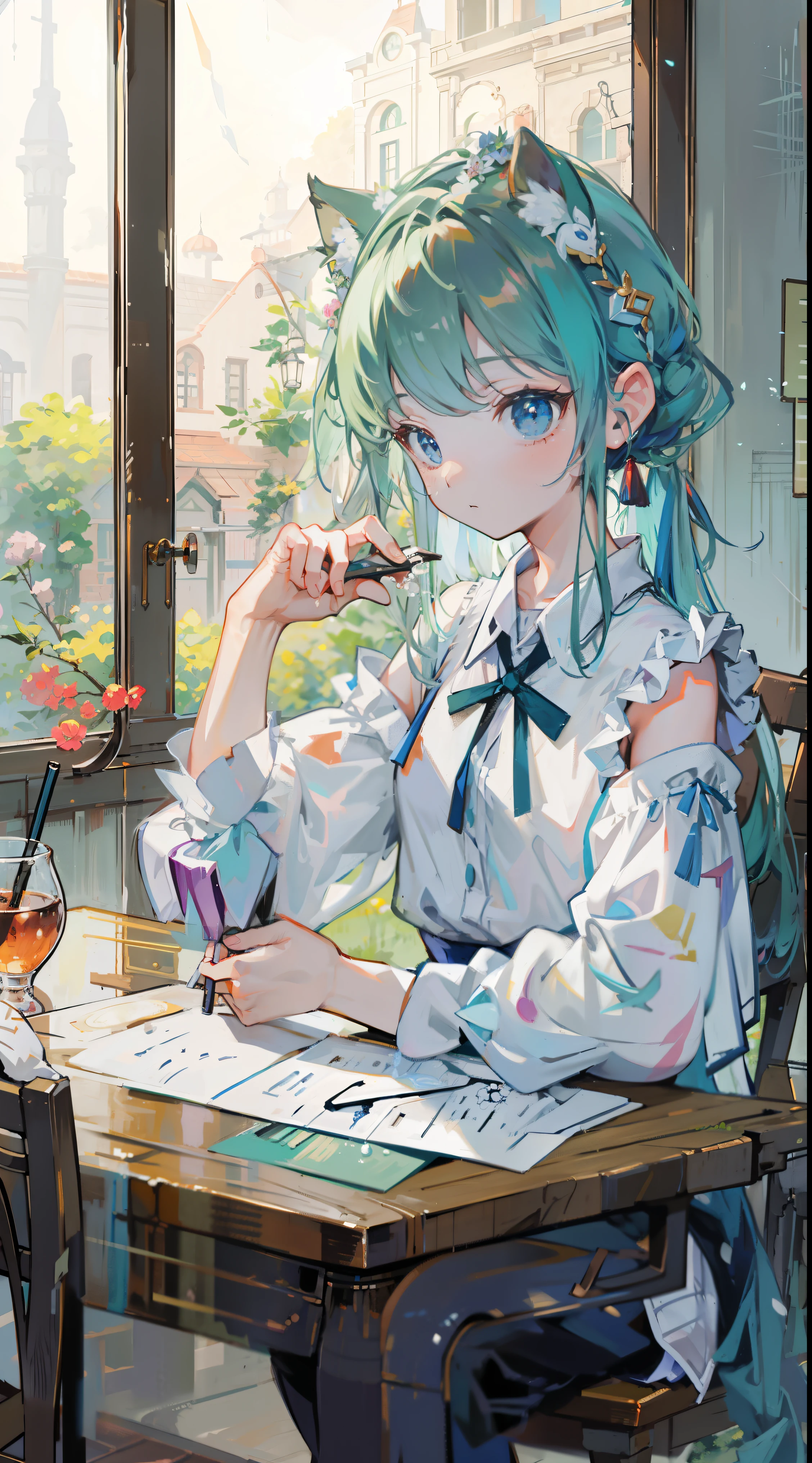 (Tabletop, highest quality: 1.1), Ghibli style, alone, , Weibo, Tinker&#39;s Wife (Tabletop), highest quality, Expressive eyes, Perfect Face, Small breasts, thin, ((Wearing a dress and playing the piano)),Transparent glass bottle body, Glass Girl, transparent, Wavy green hair, Pink and blue eyes, Green leaves of hair, Eyes like shining jewels, Long eyelashes, Transparency, ((Wearing a dress and playing the piano)), (Red Jewel Autumn Costume)), whole body, Standing Pose Reaching Out, thin feet, Perfect hands, Five Fingers, Yun News (Hmph), no_human, (((Cat ear))), Forest land