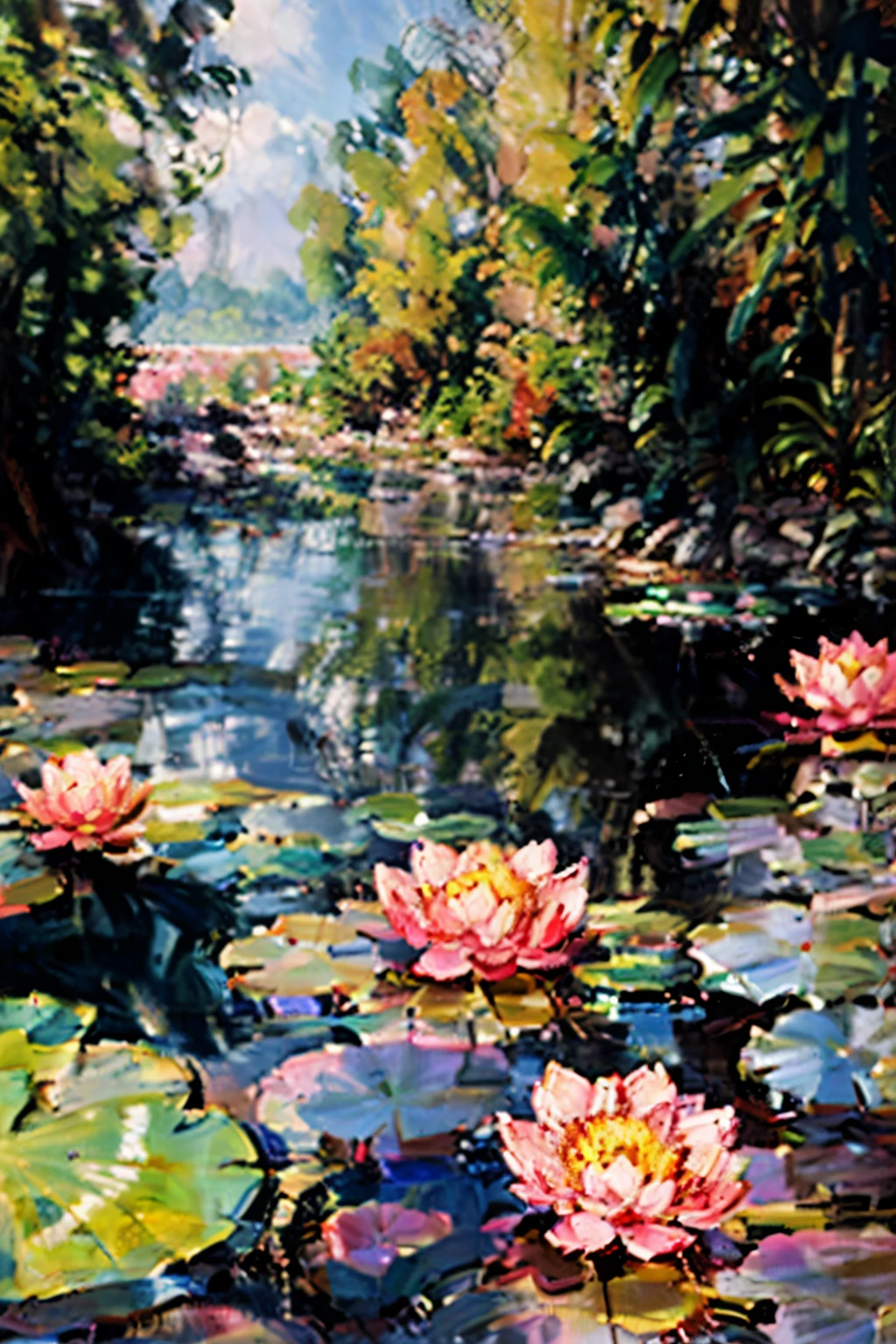 lily pad, outdoors, no humans, scenery, water, flower, lotus, traditional media, nature, painting (medium), day, pink flower, tree,, masterpiece, best quality,  light blue water