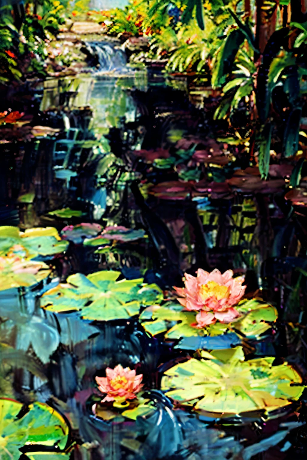 lily pad, outdoors, no humans, scenery, water, flower, lotus, traditional media, nature, painting (medium), day, pink flower, tree,, masterpiece, best quality,  light blue water