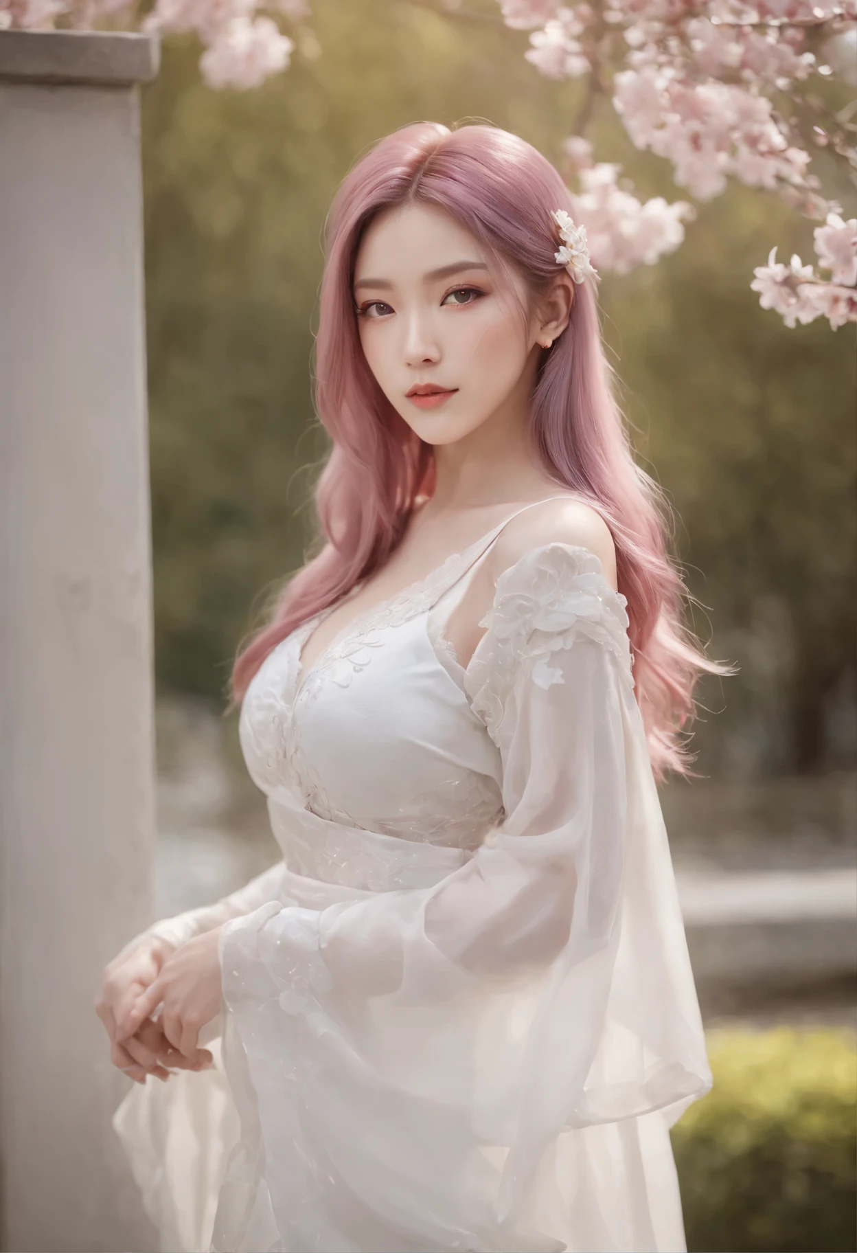 (ulzang-6500-v1.1:0.4), 1girll, Kpop idol, Yae Miko,Detailed face,Long-legged shooting,full bodyesbian, Masterpiece, Best quality, (Extremely detailed Cg Unity 8K wallpaper, Masterpiece, Best quality, Ultra-detailed, Best shadow), (Detailed background), (Beautiful detailed face, Beautiful detailed eyes), High contrast, (Best illumination, An extremely delicate and beautiful), Detached sleeves, Pink hair, Long hair, Best quality, (Photorealistic:1.2), (hair adornments:1.35), jewelry, Purple eyes, Earrings, Large breasts, Torii, Cherry blossoms, Lantern light, Depth of field, Detailed face, Face focus, (view the viewer:1.25), Shiny skin, Long sleeves